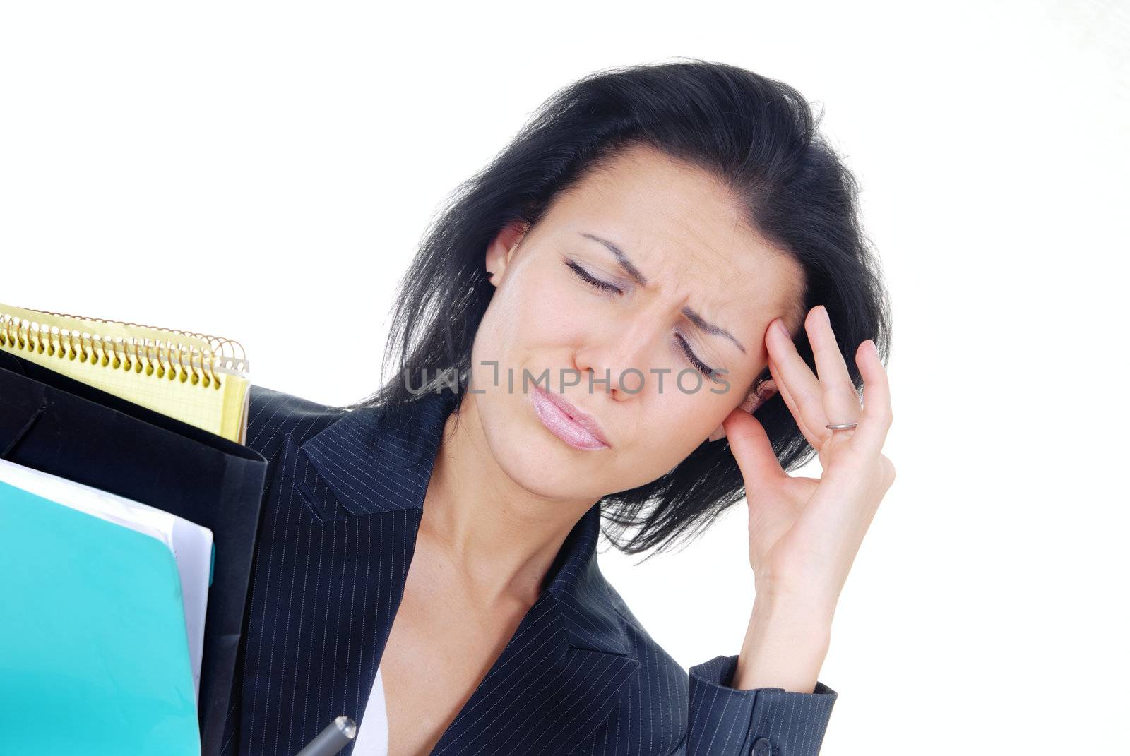 Displeased businesswoman in stress holding a folder with documents