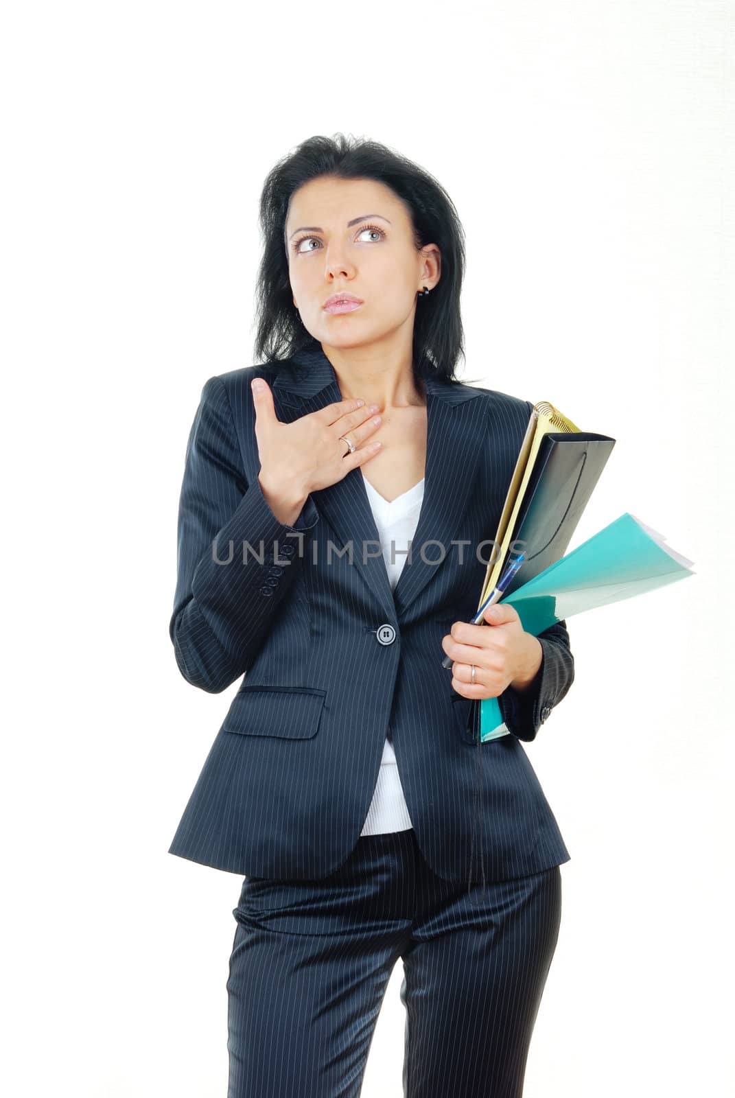 Businesswoman in confusion with pen and documents