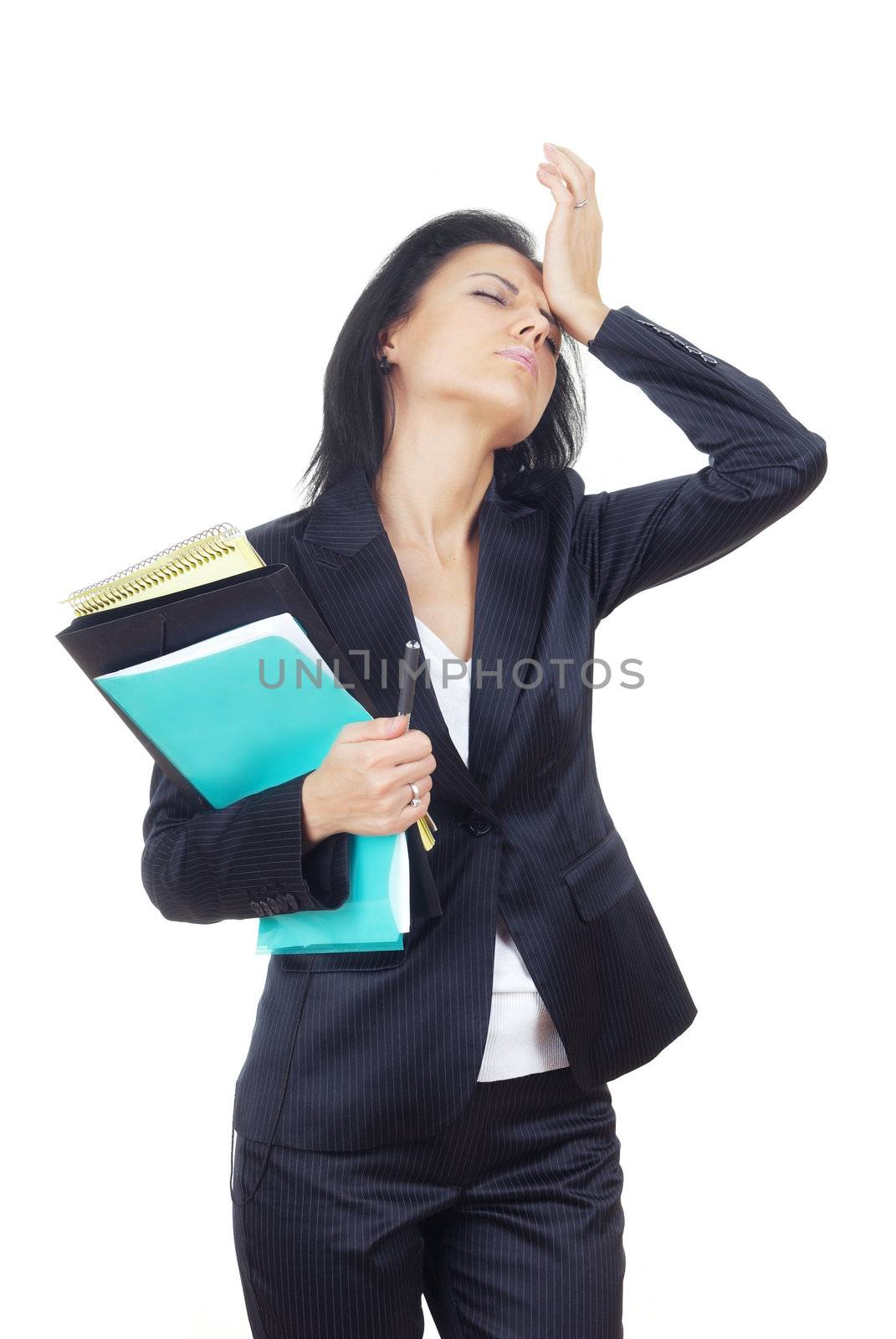 Studio photo of the businesswoman in crisis on a white background