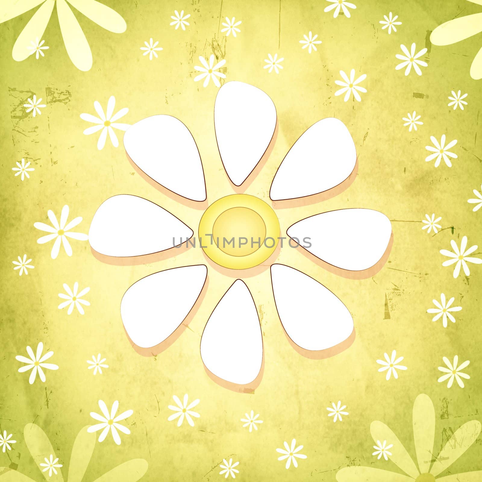 vintage spring background with white flower over green old paper gradient with daisy flowers