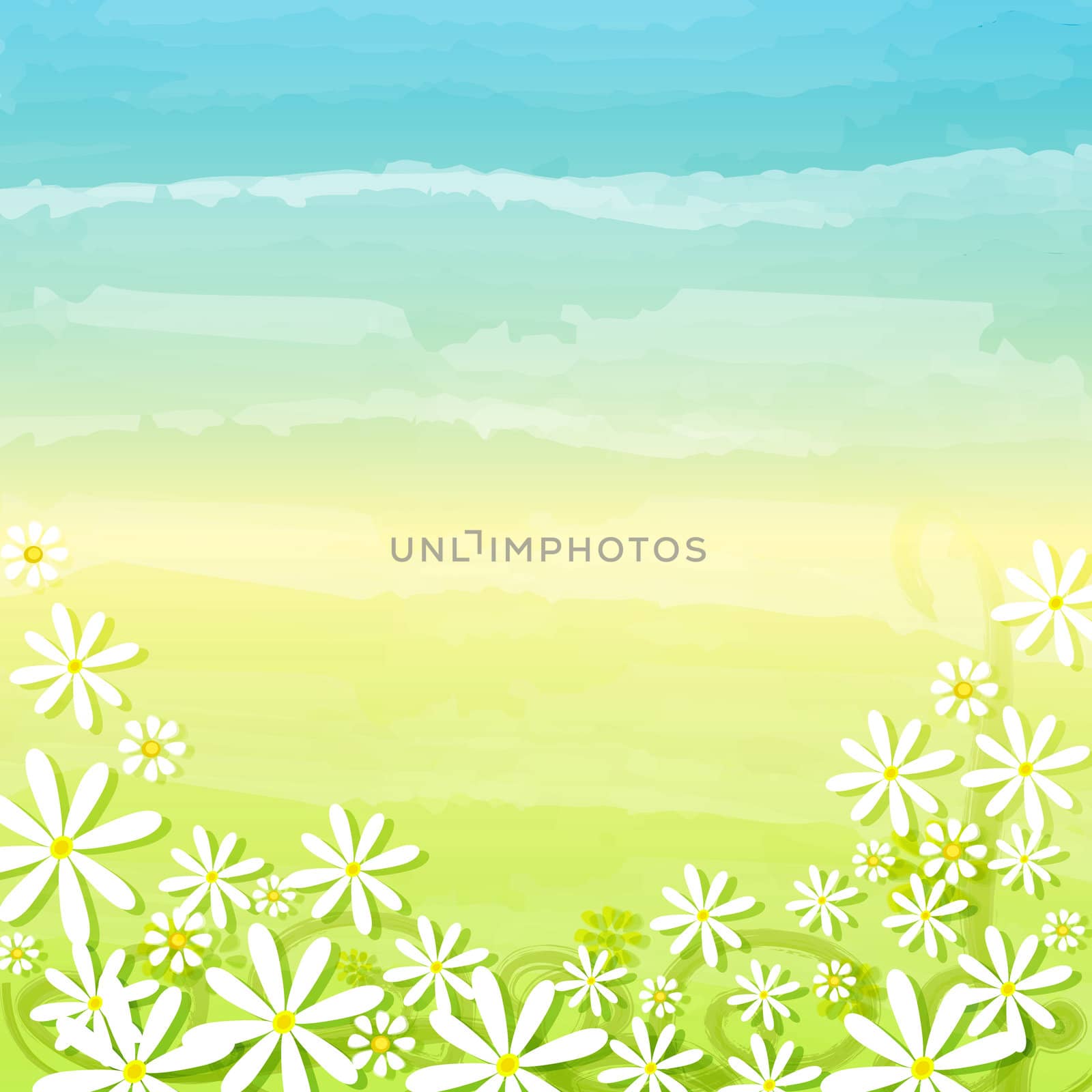 spring background with daisy flowers over blue green gradient