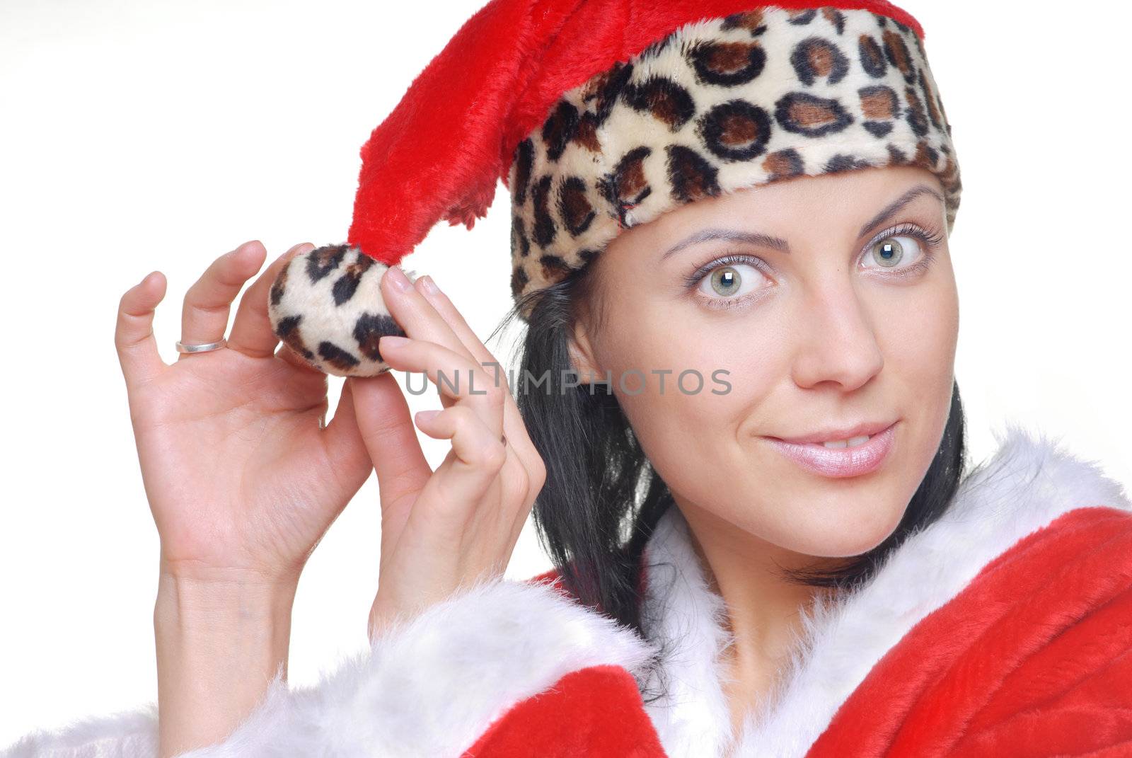 Close-up photo of the pretty woman in the red costume of Santa