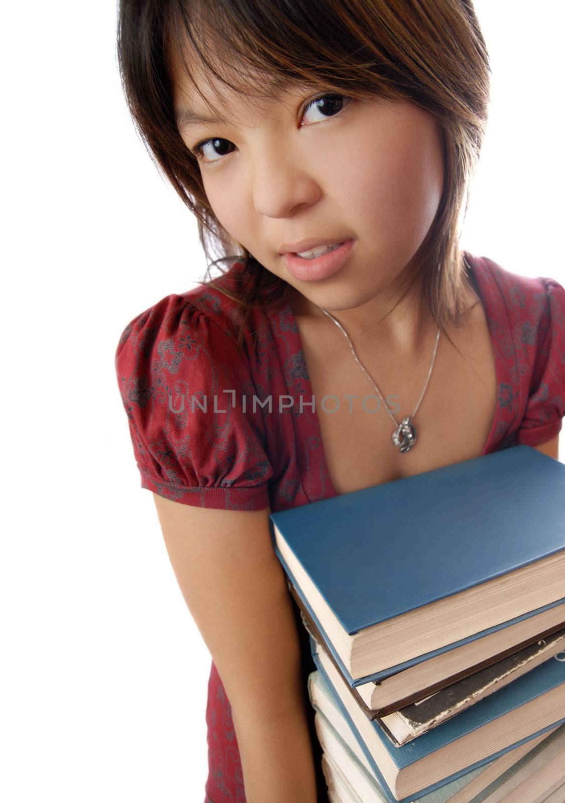 Photo of pretty young model with numerous books