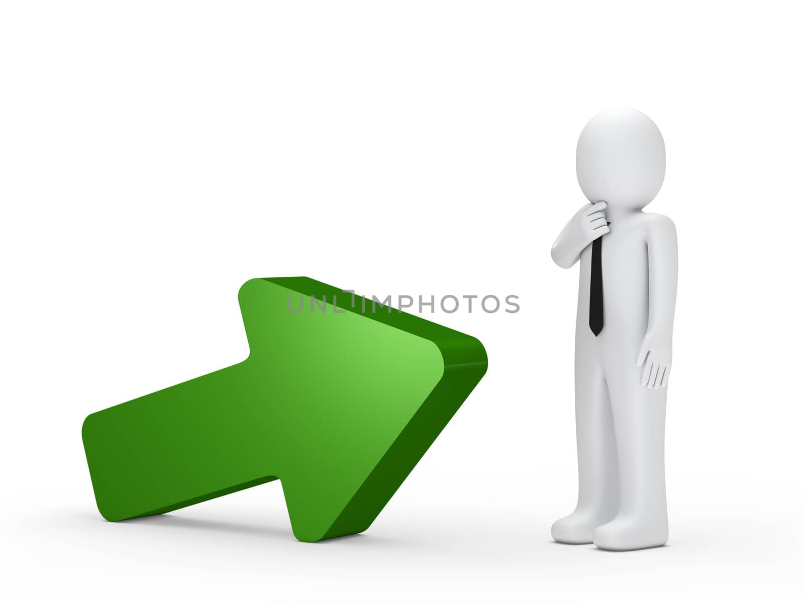 Business man stand next a green arrow