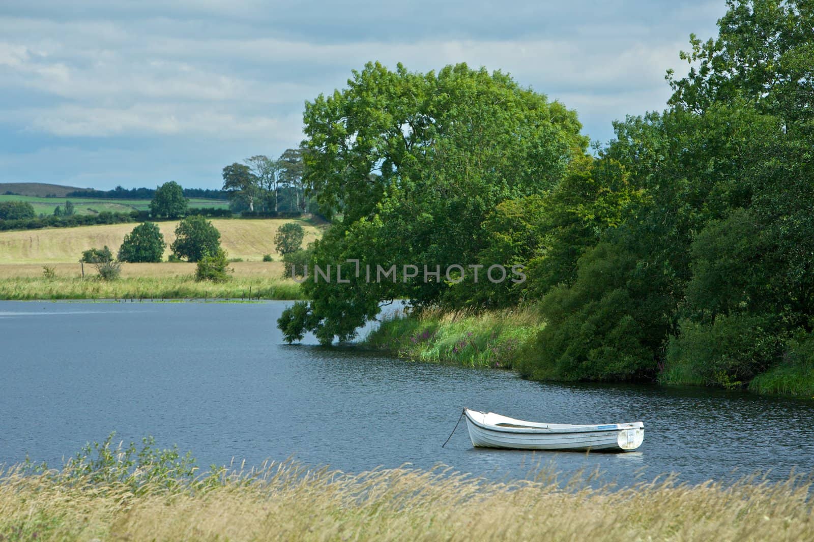 Beautiful scenic countryside with a boat on a lake in Scotland