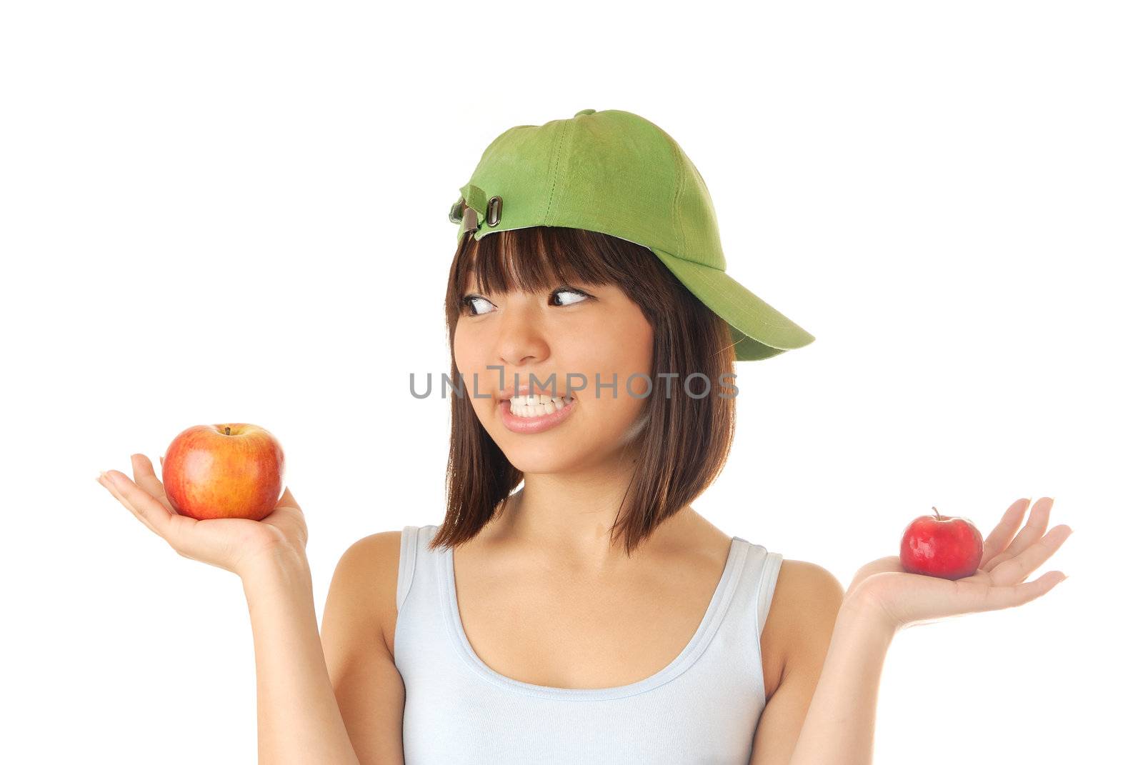 Close-up portrait of the lady with two apples