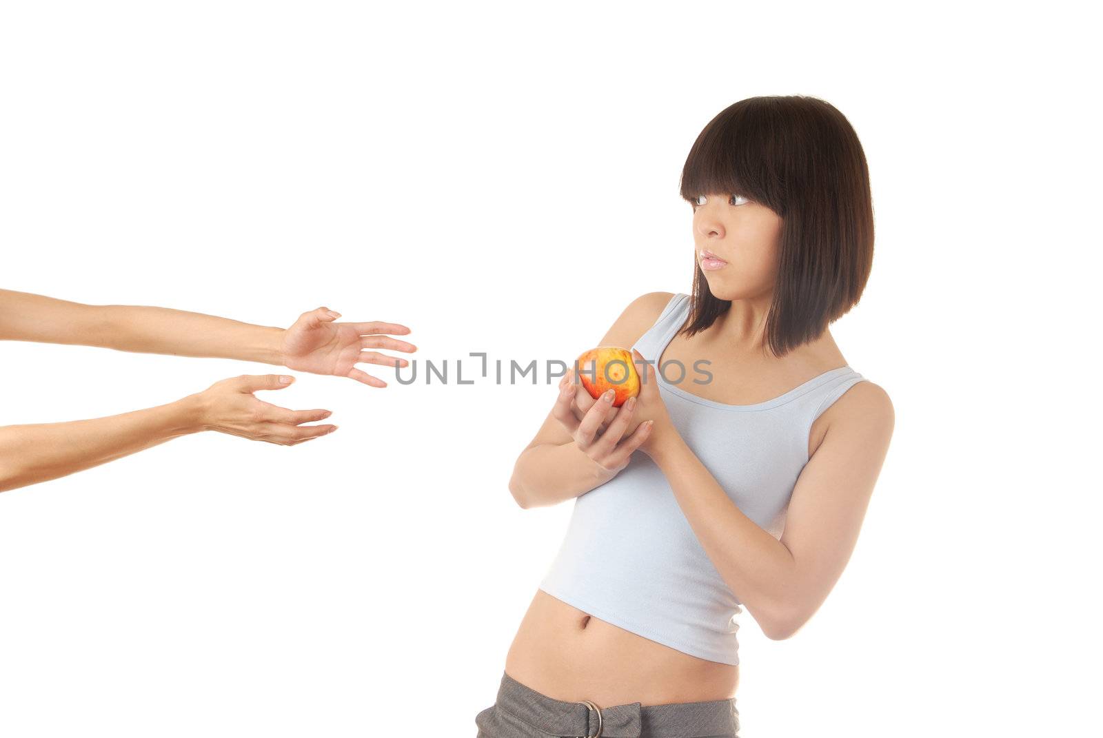 Young lady with apple and two hands asking to help