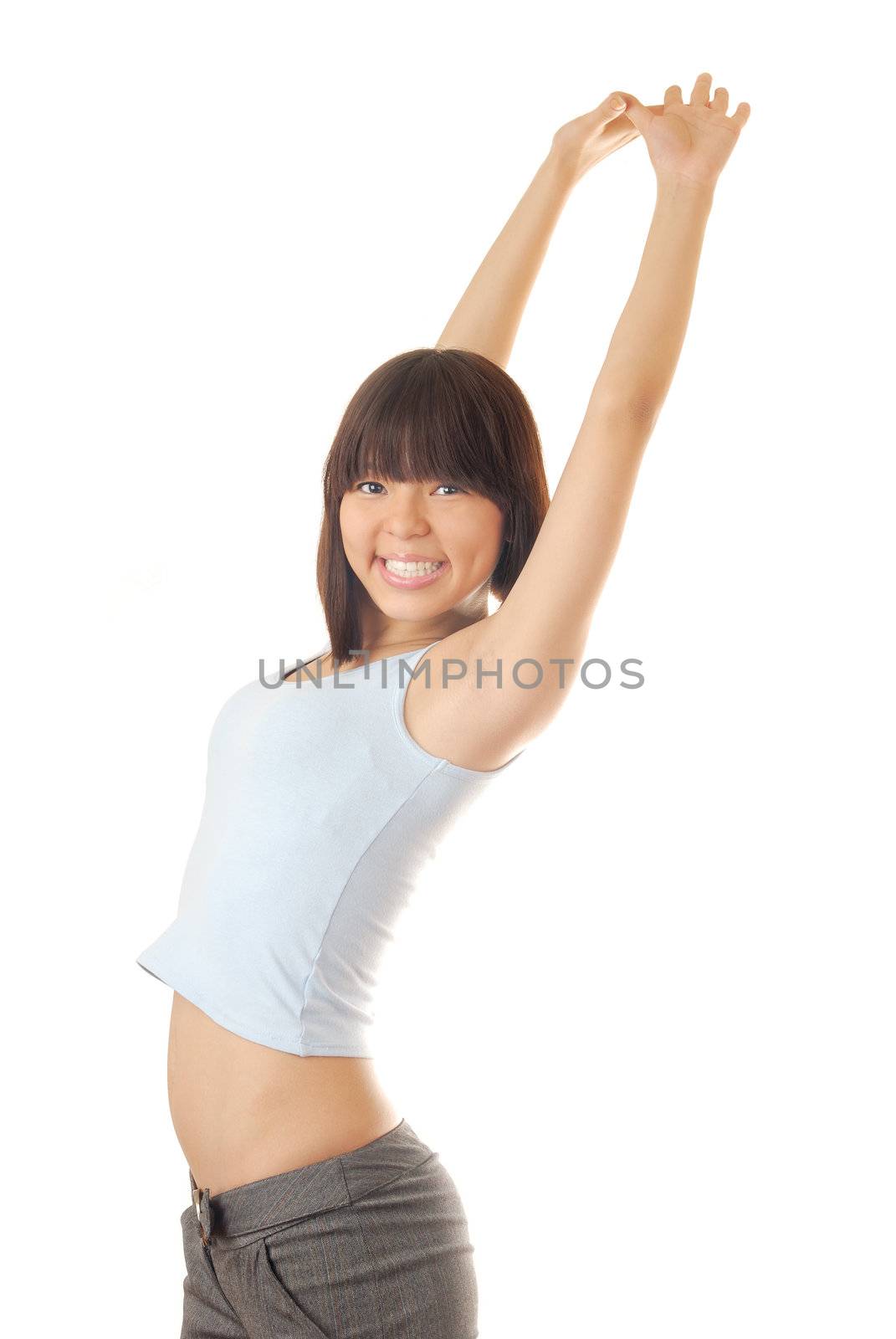 Photo of happy nifty model on a white background