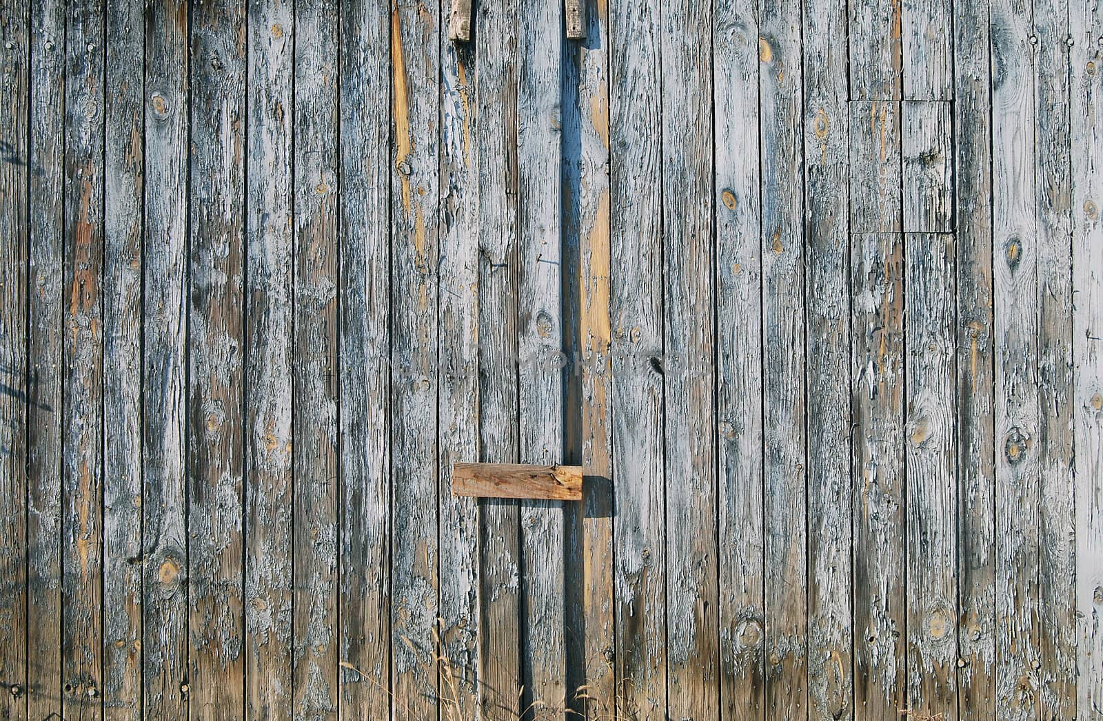 Old faded blue wooden garden fence door