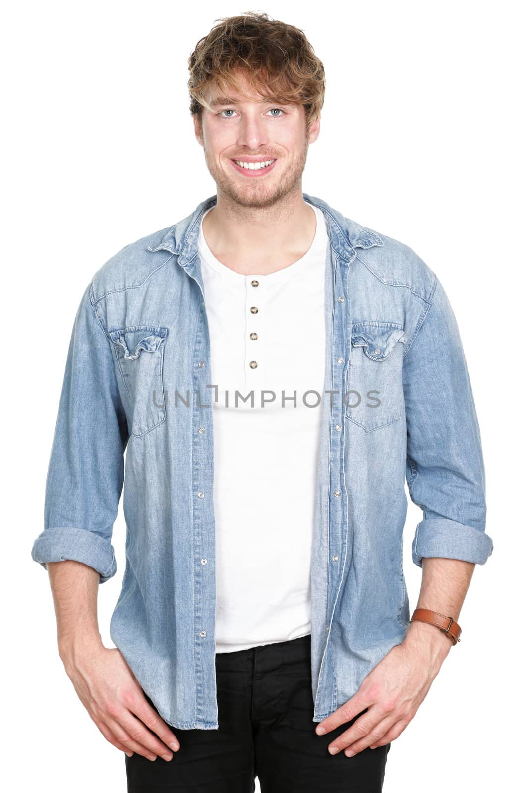 Man. Handsome young man portrait. Casual Caucasian male guy looking at camera isolated on white background