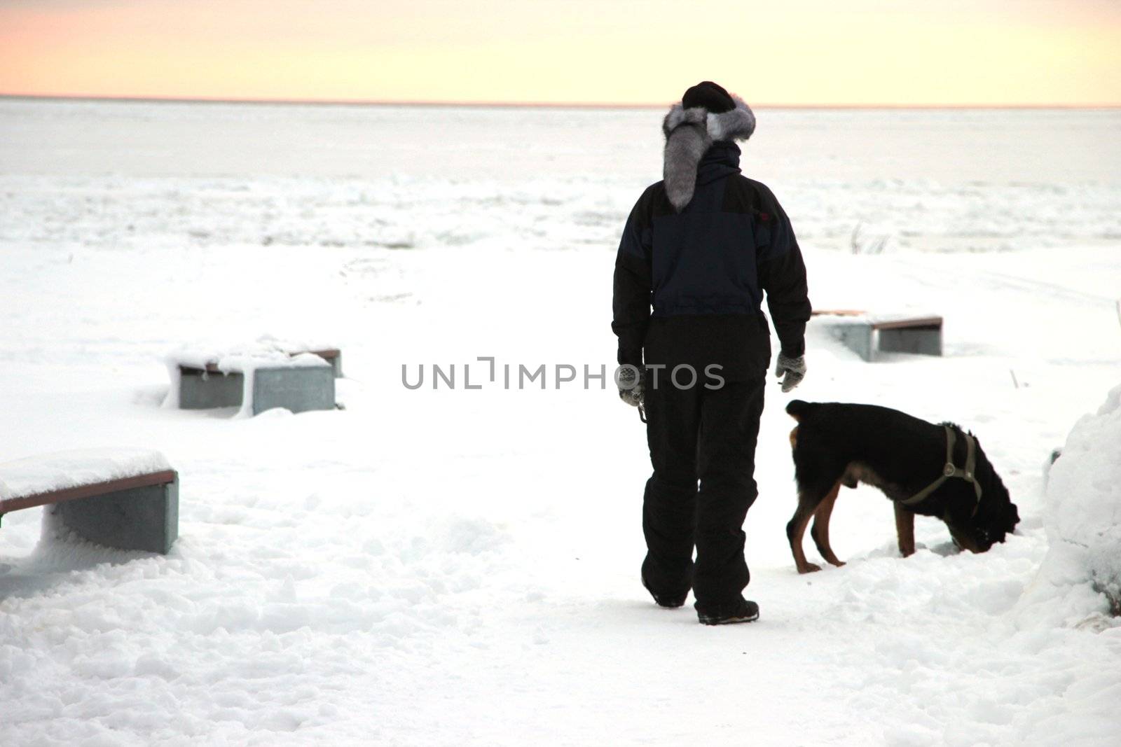 Men with rottweiler. Winter view to the beach
