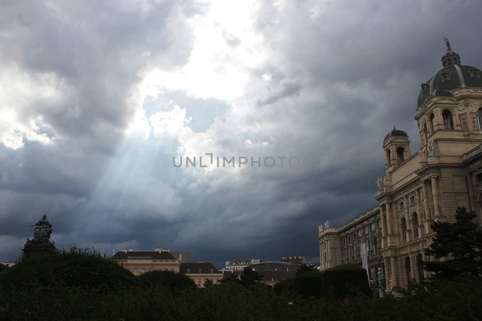 View of Vienna. Magically shining rays of the sun at the palace.