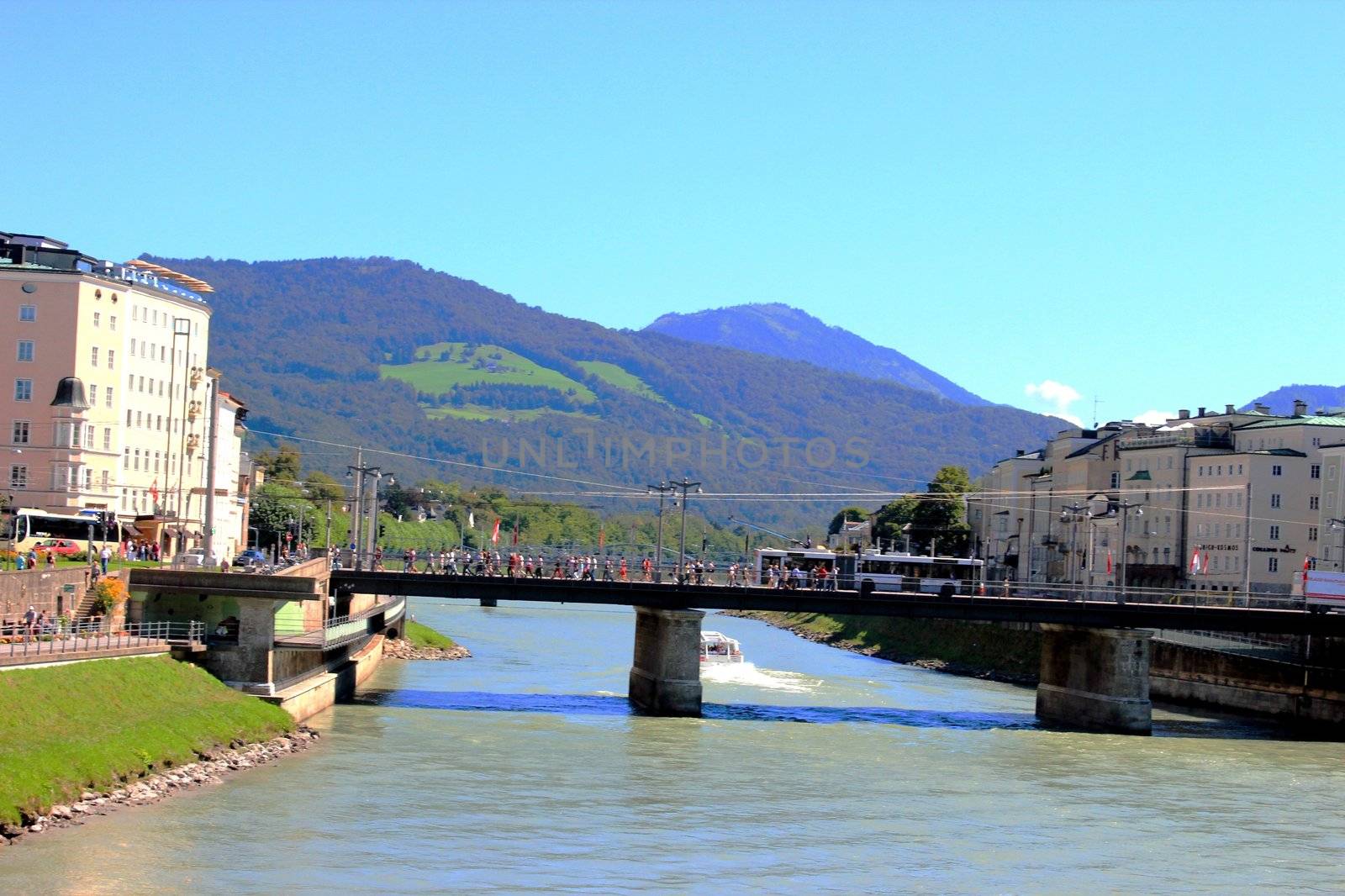 landscape of Salzburg. View to the river and mountains. Clear blue sky