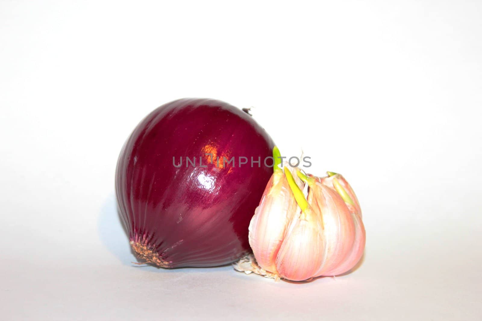 Red onion and garlic on white background