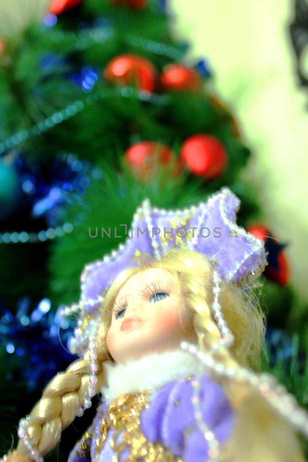 Snow Maiden on the background of a beautiful Christmas, Christmas tree ornaments