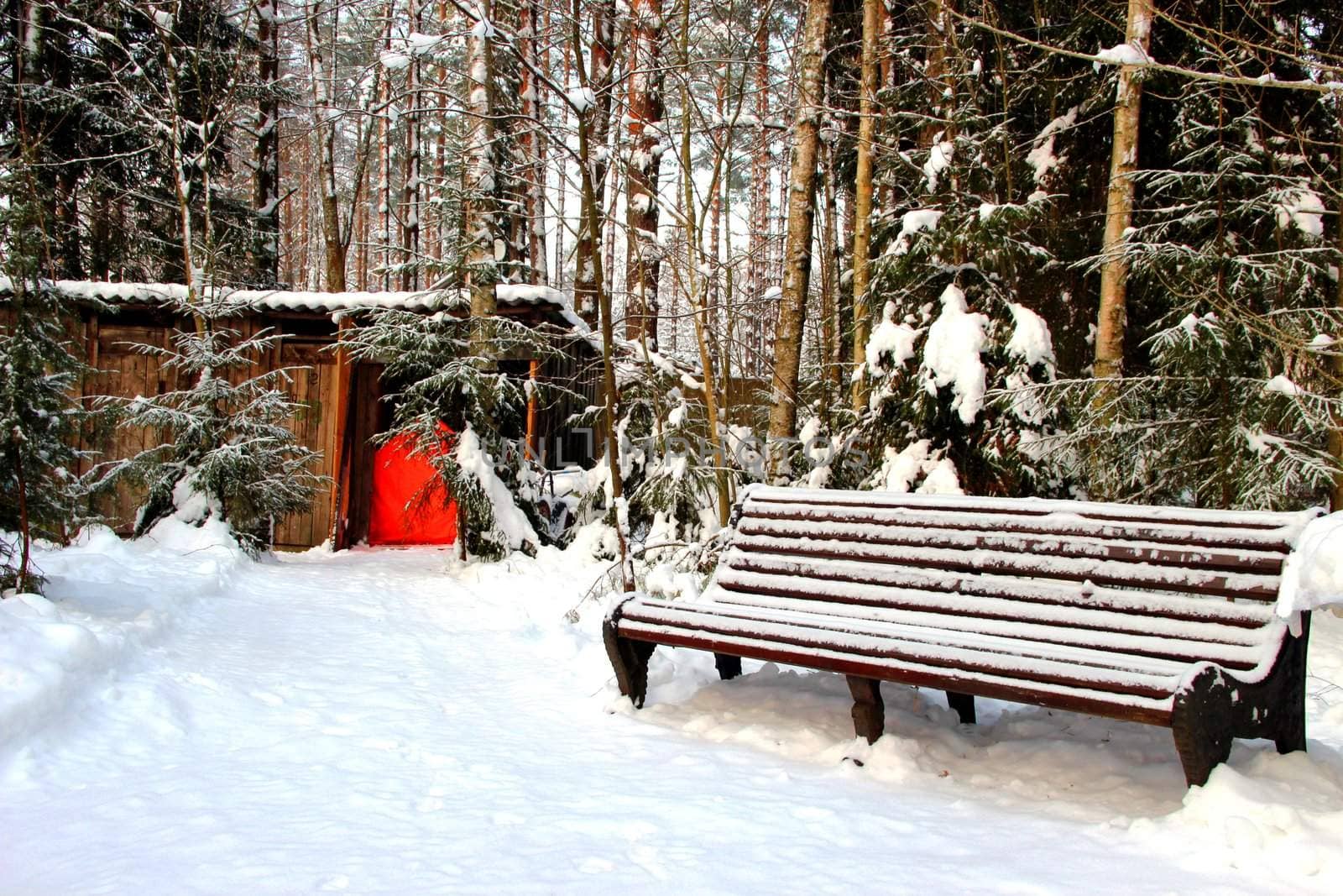 park bench in winter landscape by Metanna