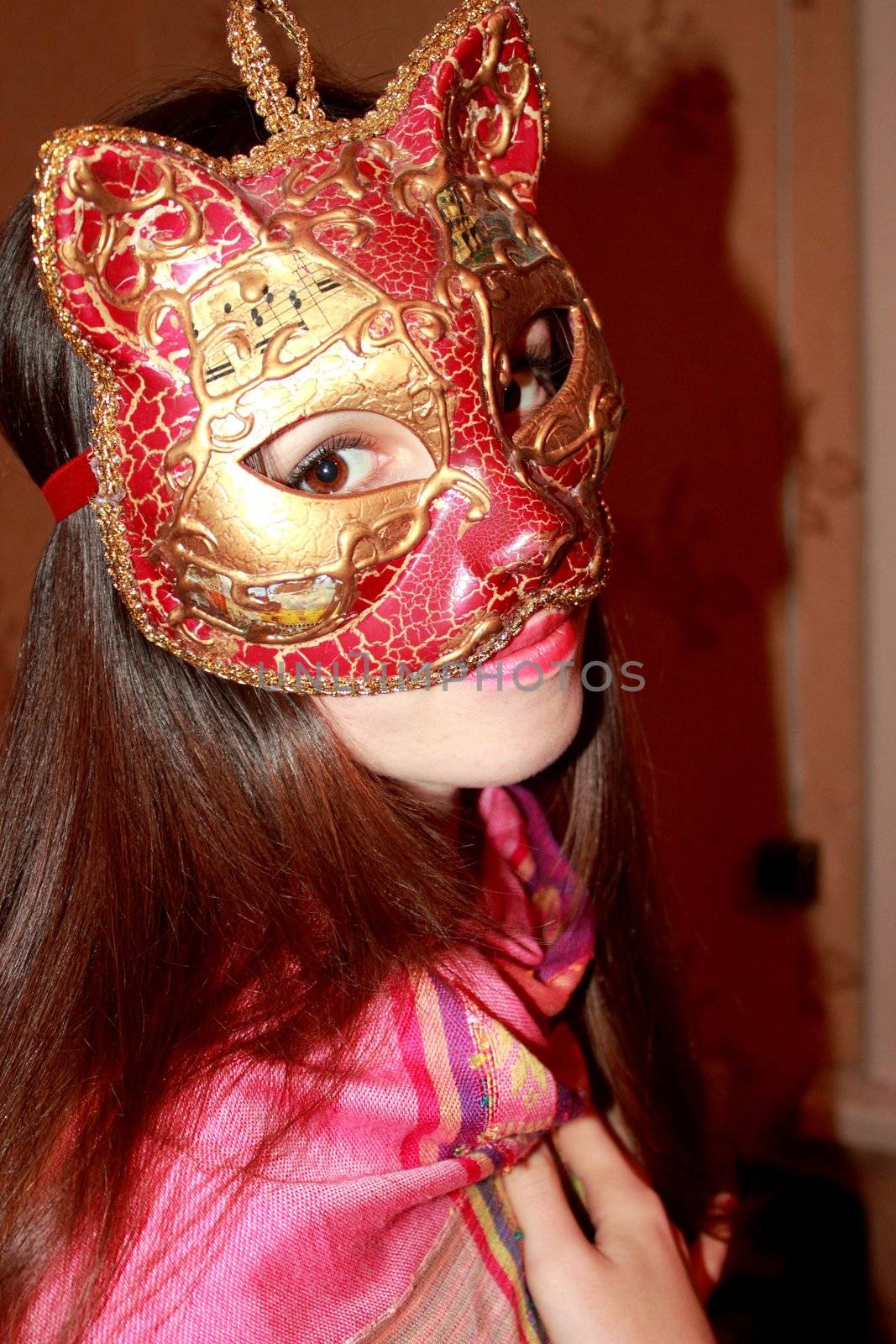 Portrait of a girl with brown eyes in a Venetian mask cat