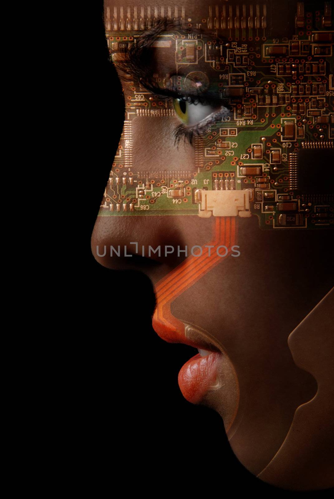 Beautiful robotic woman as a symbol of human development