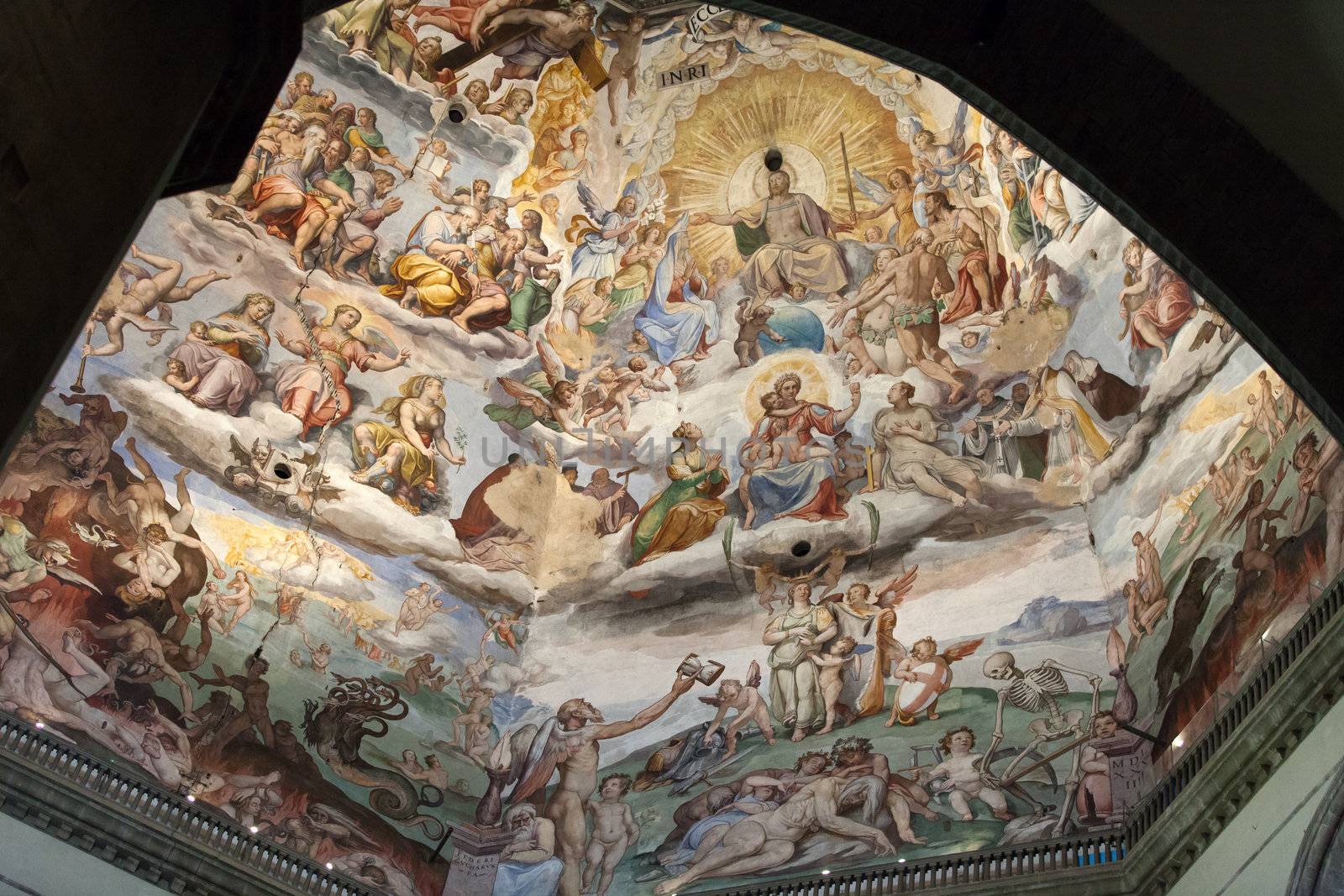 Florence - Duomo .The Last Judgement. Inside the cupola: 3600 m2 of frescoes, created by Giorgio Vasari and Federico Zuccari, who worked there from 1572 to 1579.