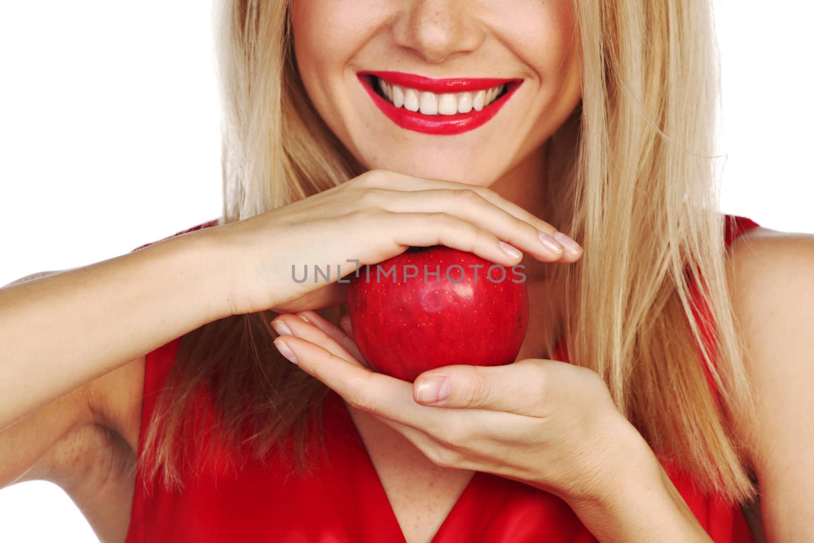 woman eat red apple on white background