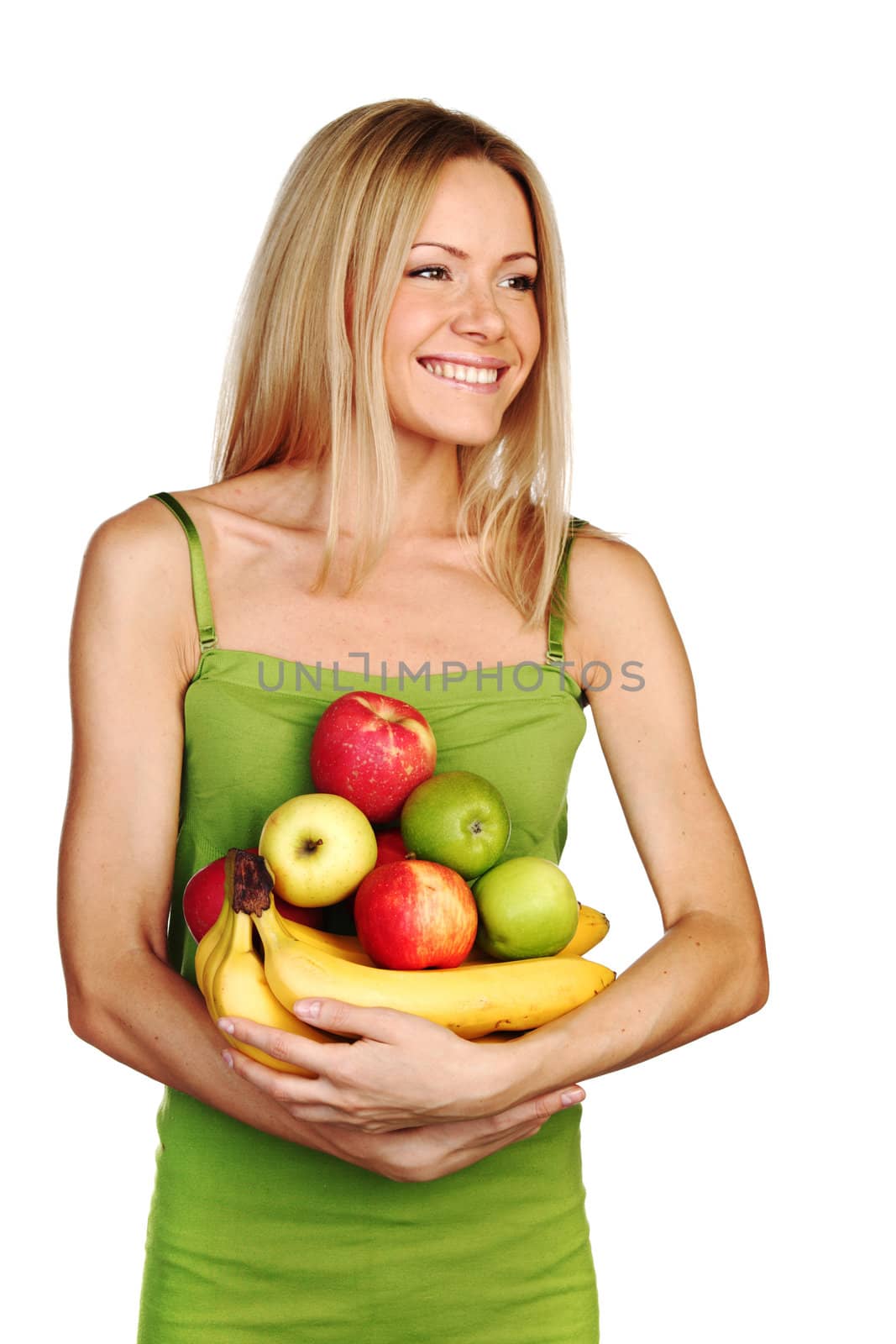 woman holds a pile of fruit by Yellowj