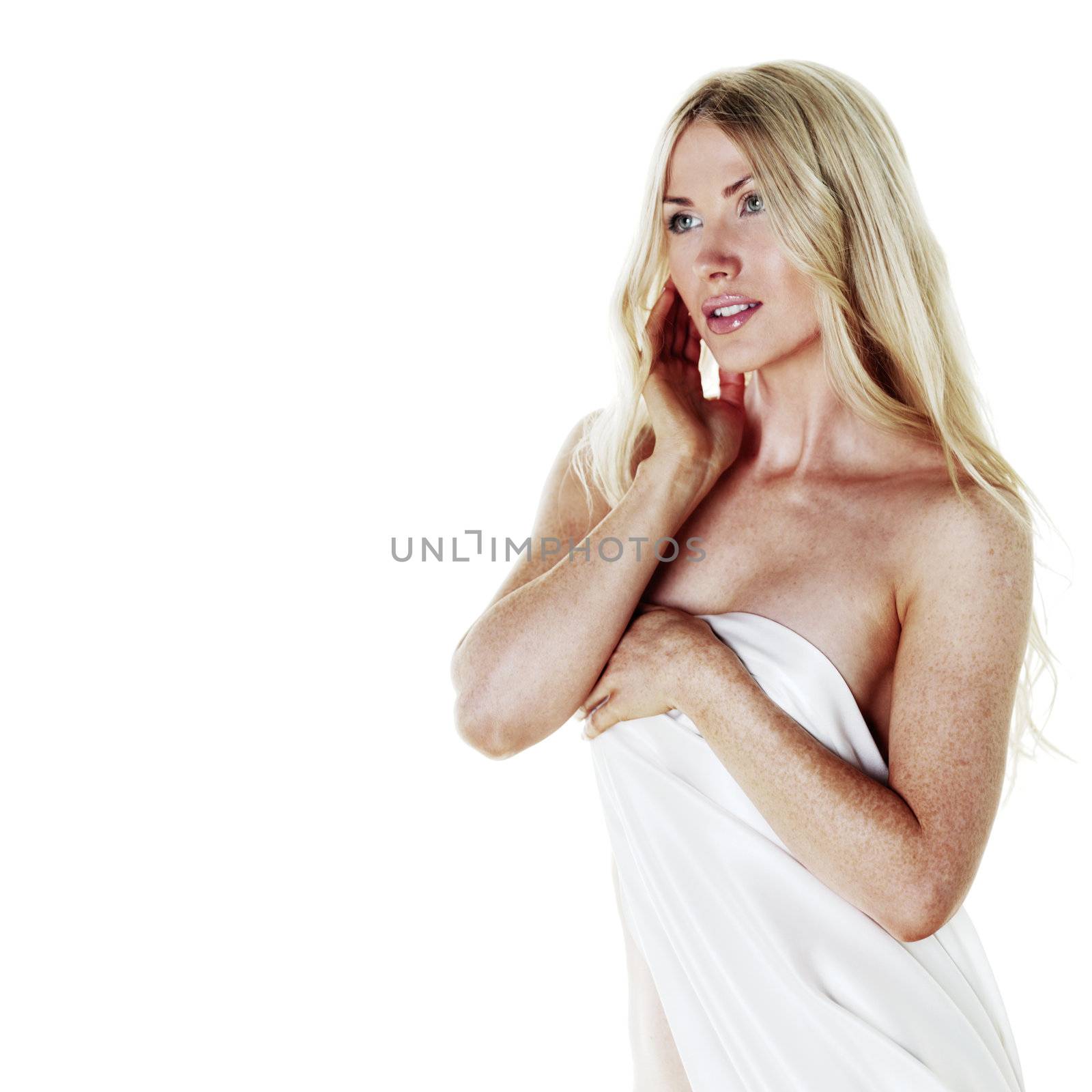 nude woman covered with white silk isolated on white 