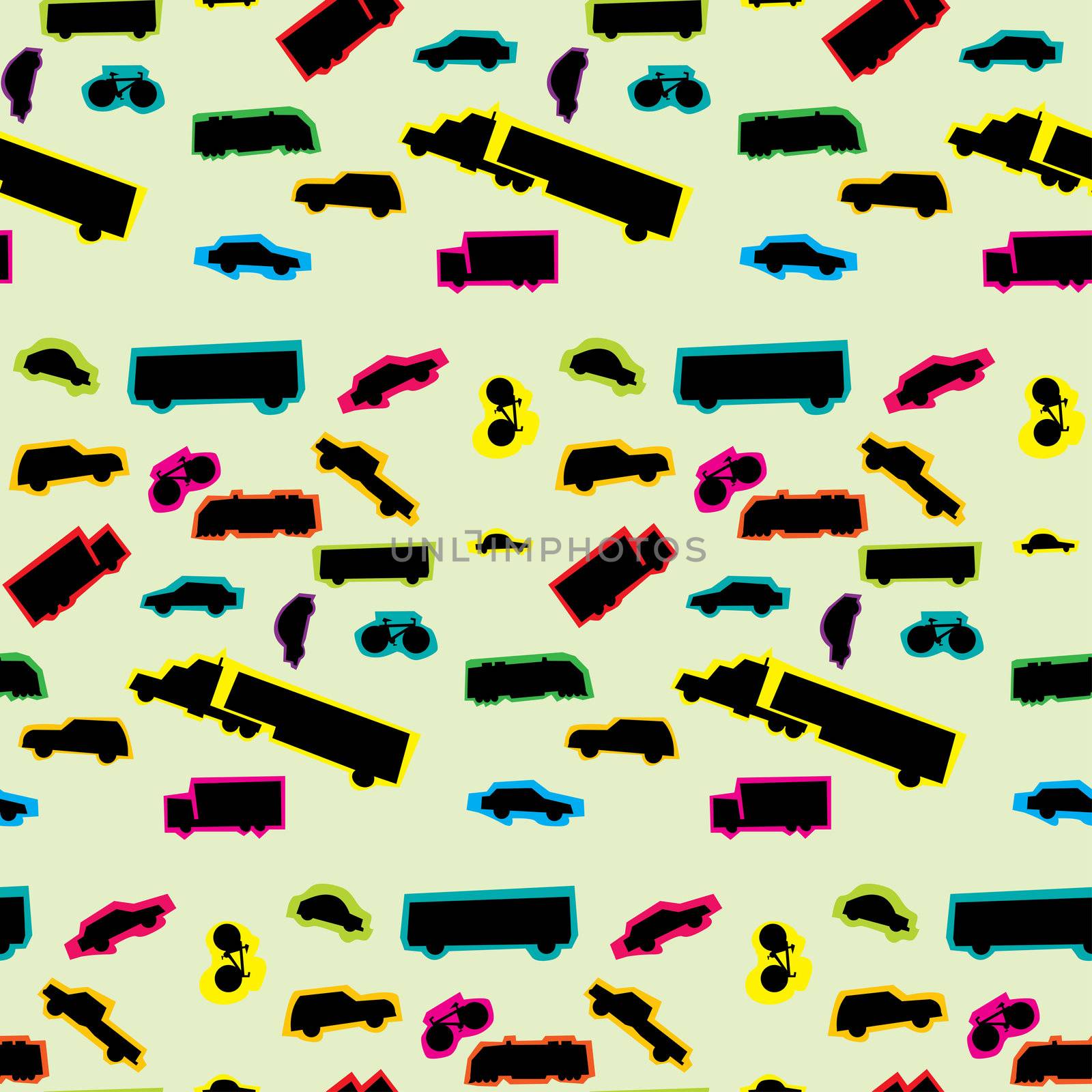 Seamless pattern of ten land vehicles in silhouette