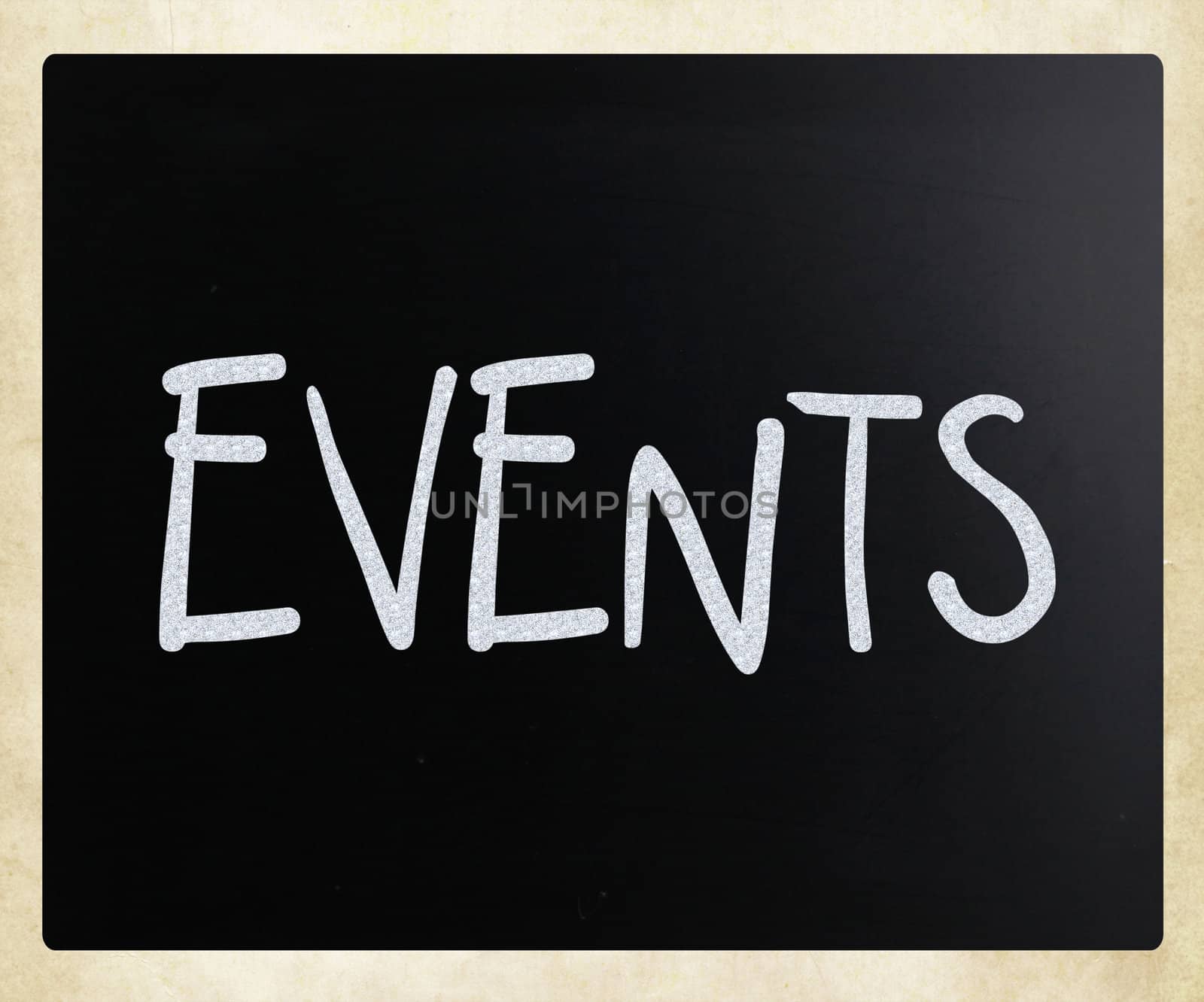 "Events" handwritten with white chalk on a blackboard