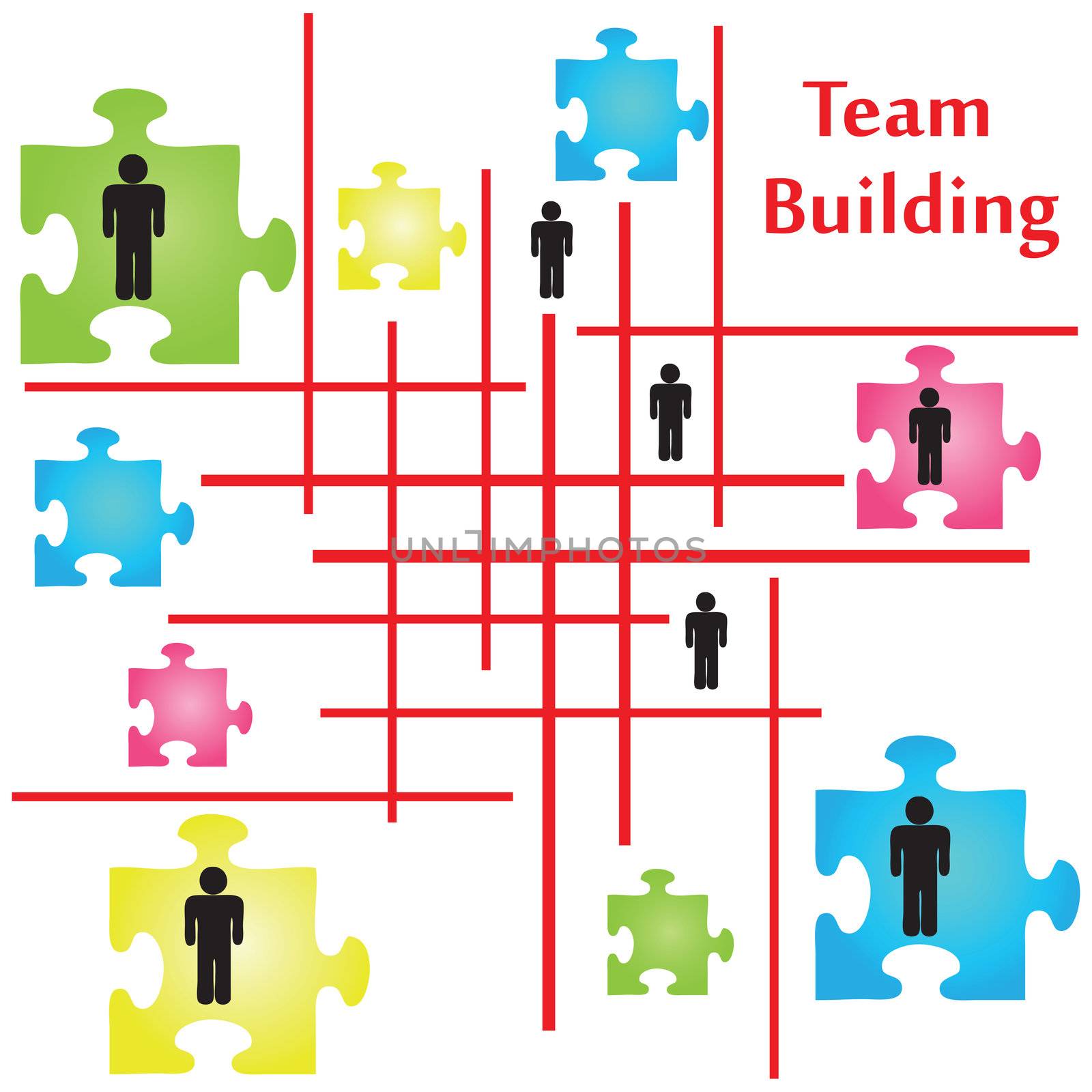 Vector of four jigsaw puzzle pieces on the topic of team building.