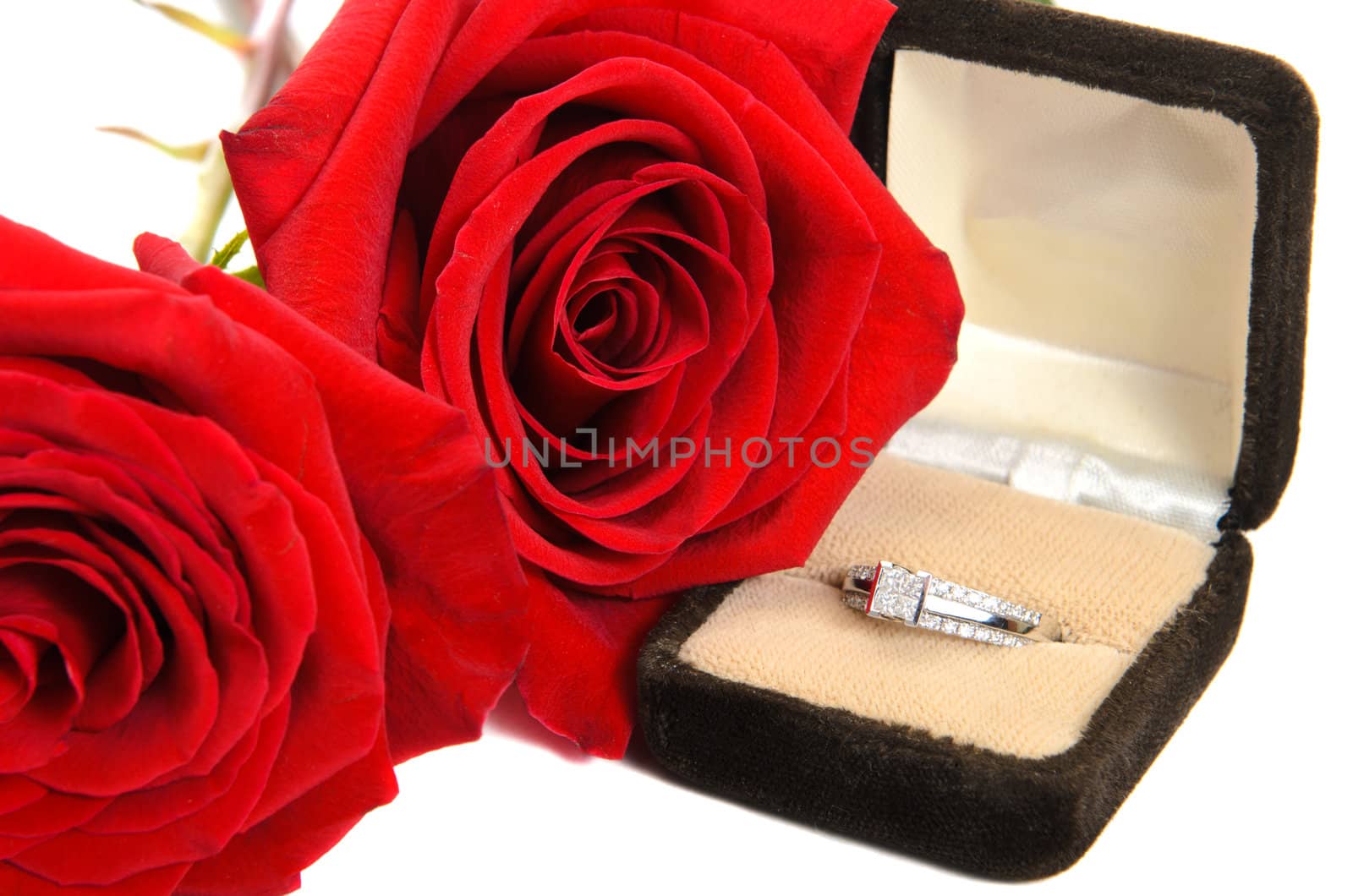 An engagement ring with red roses next to it, isolated against a white background.