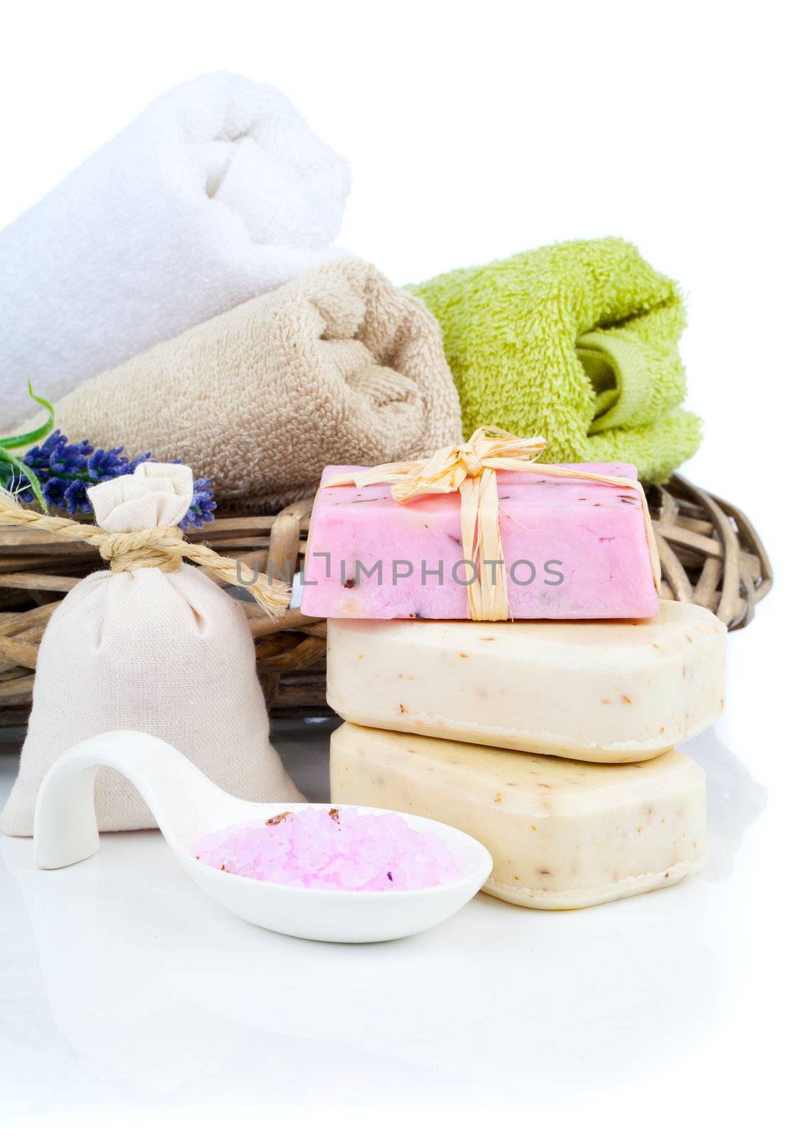 aromatic bath salt and toiletries, isolated on white background