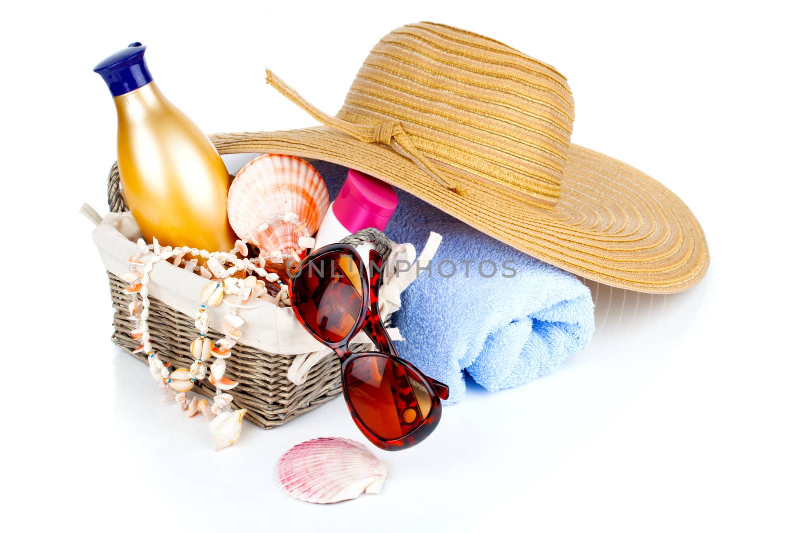 women's accessories for outdoor relaxation. beach items isolated on white background, summertime vacation and travel