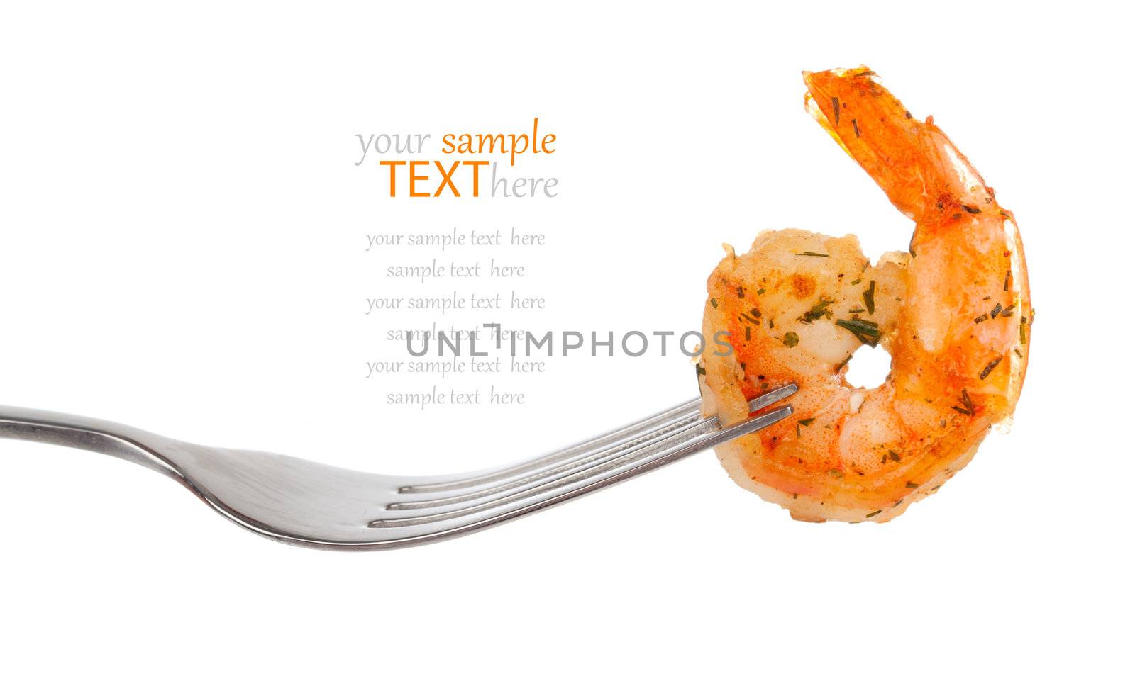 Shrimp Linguine on a fork, isolated on white background