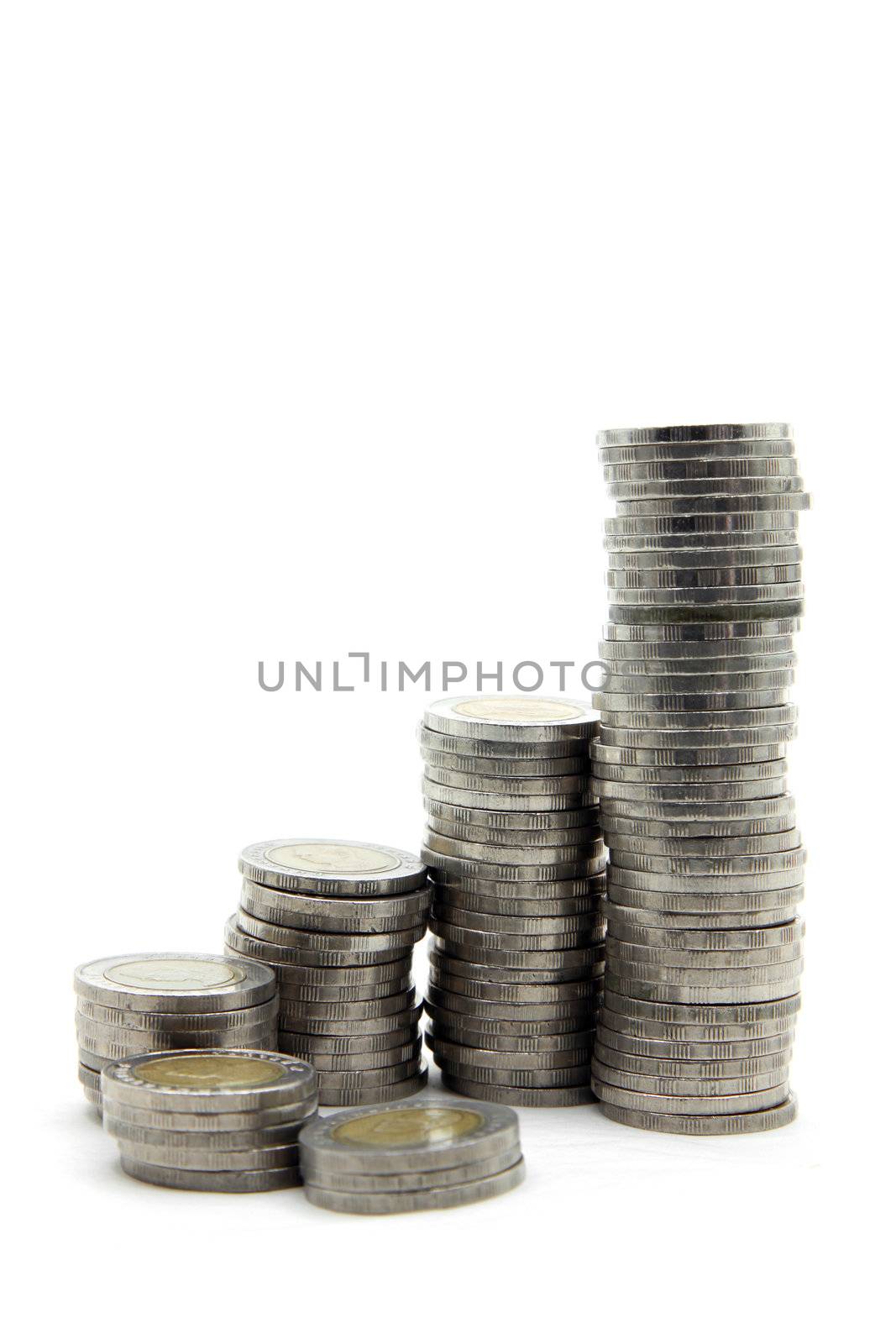 stairs to wealth, spiral step of money coins isolated on white, top perspective