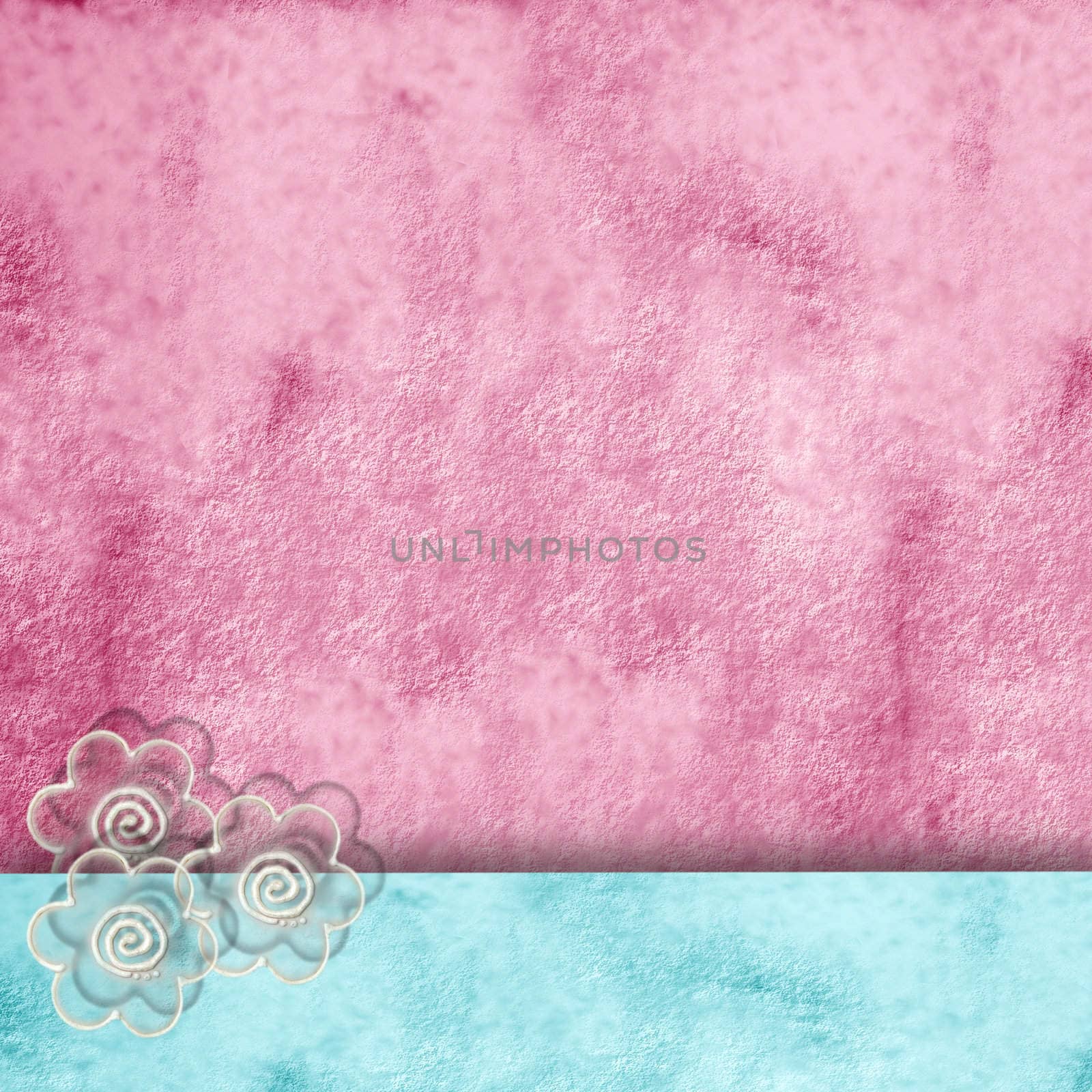 rough background pink and blue, with bright flowers