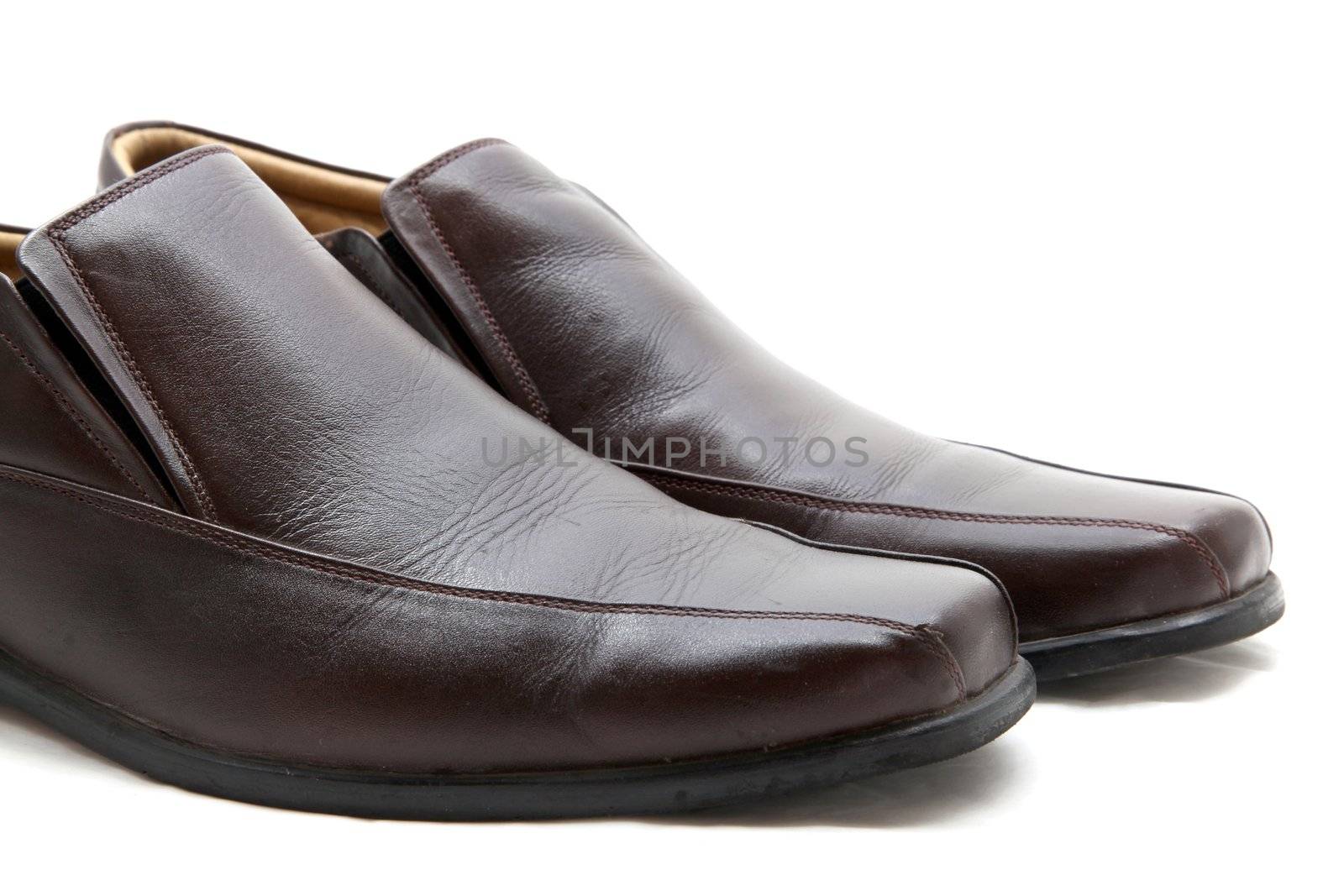 isolated pair of luxury brown leather man shoes on a white background, close up