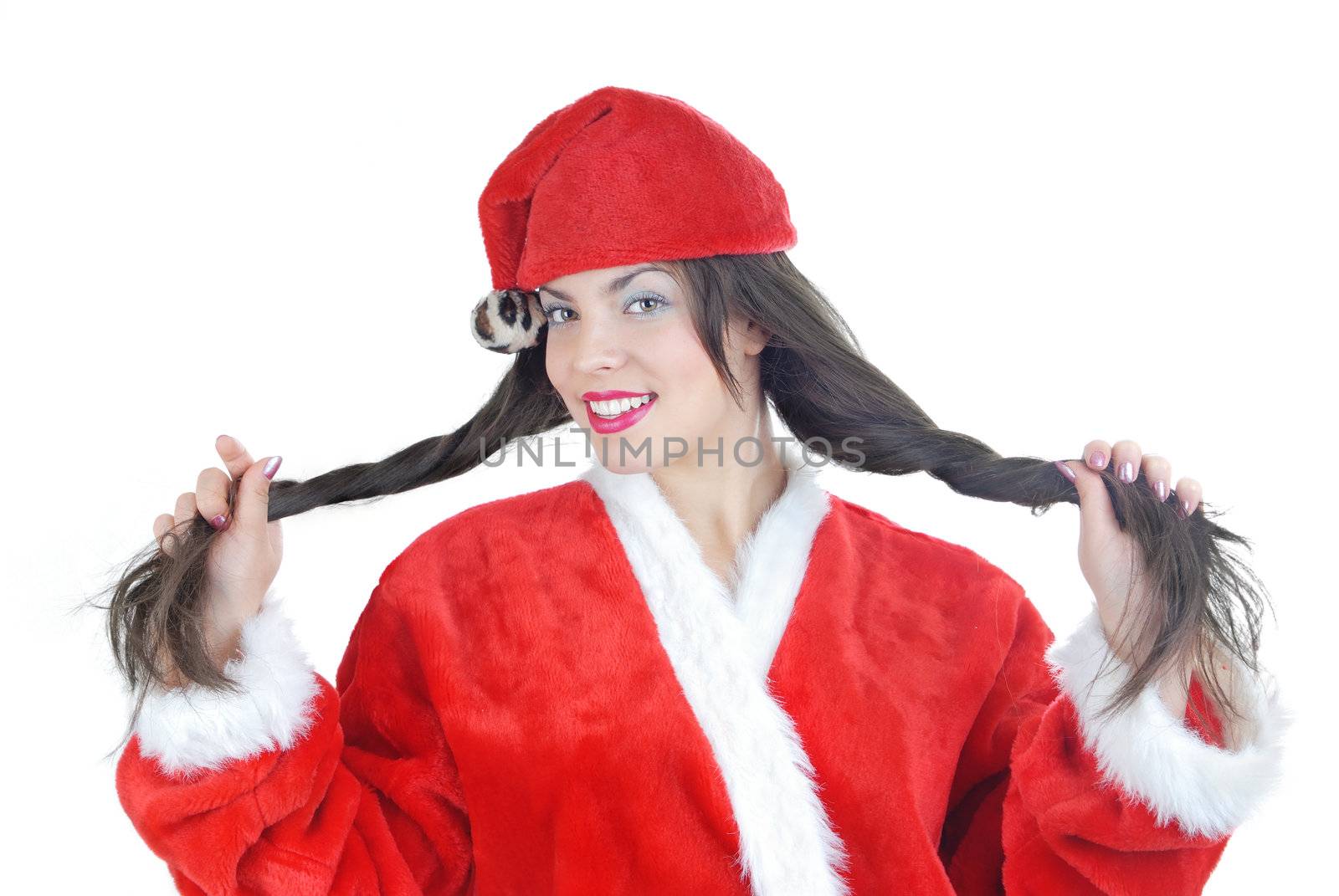 Beautiful lady with long hair in red Santa costume