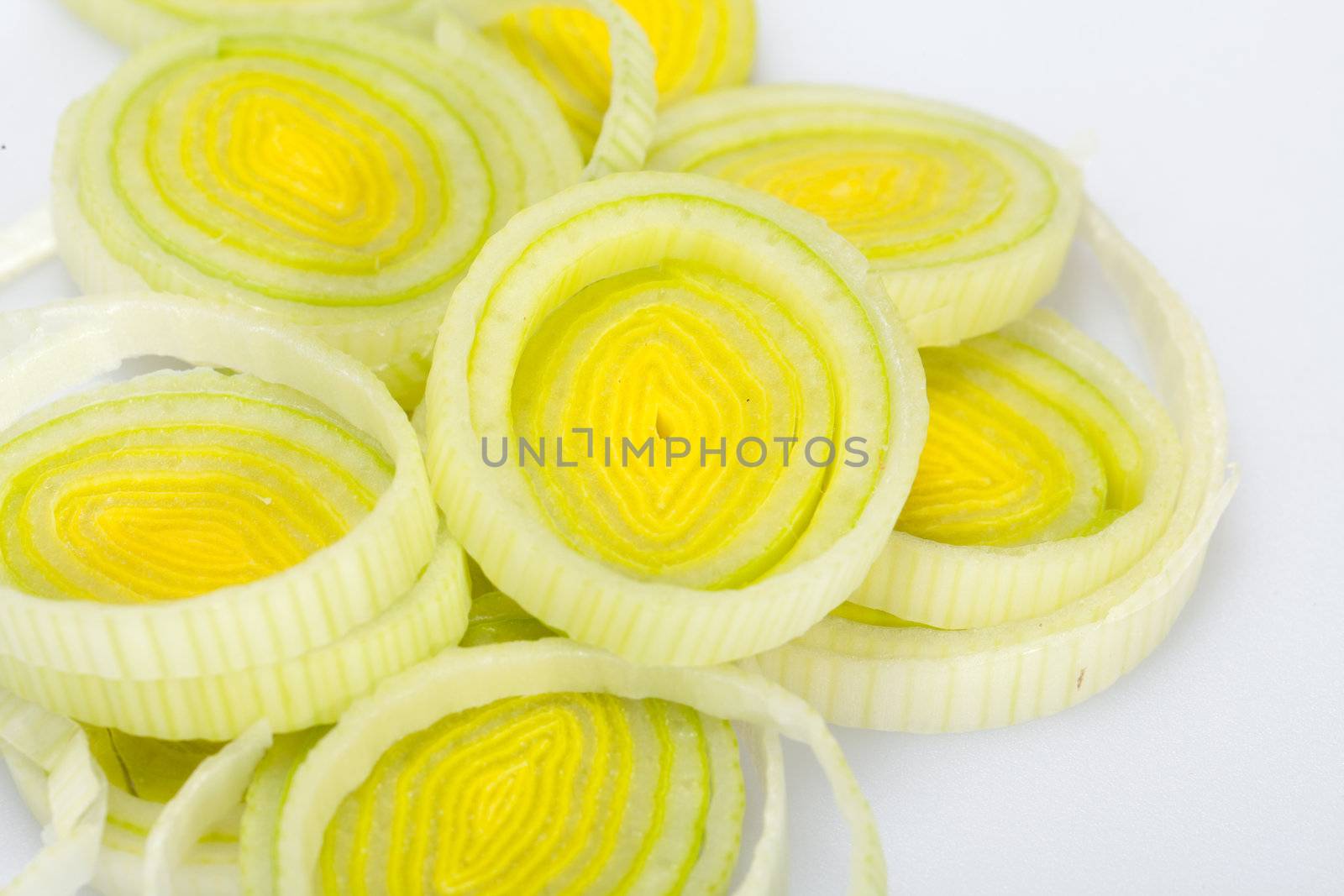 Sliced Leeks on white background 