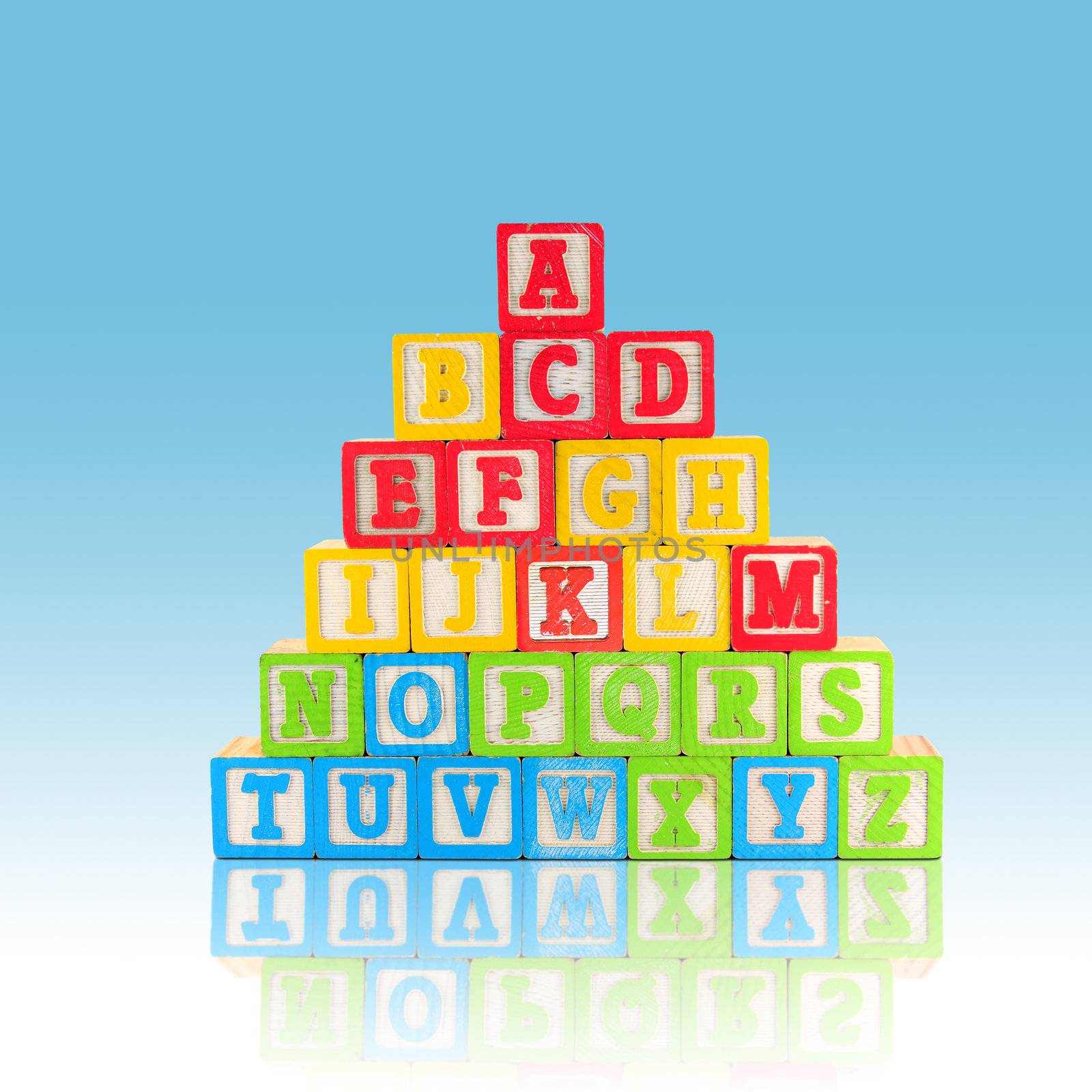 Alphabet blocks A through Z stacked up in alphabetical order.