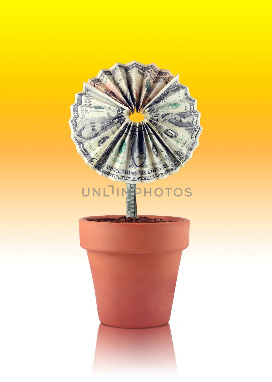 A flower made out of 1, 5, 10, and 20 dollar bills growing out of a flower pot.