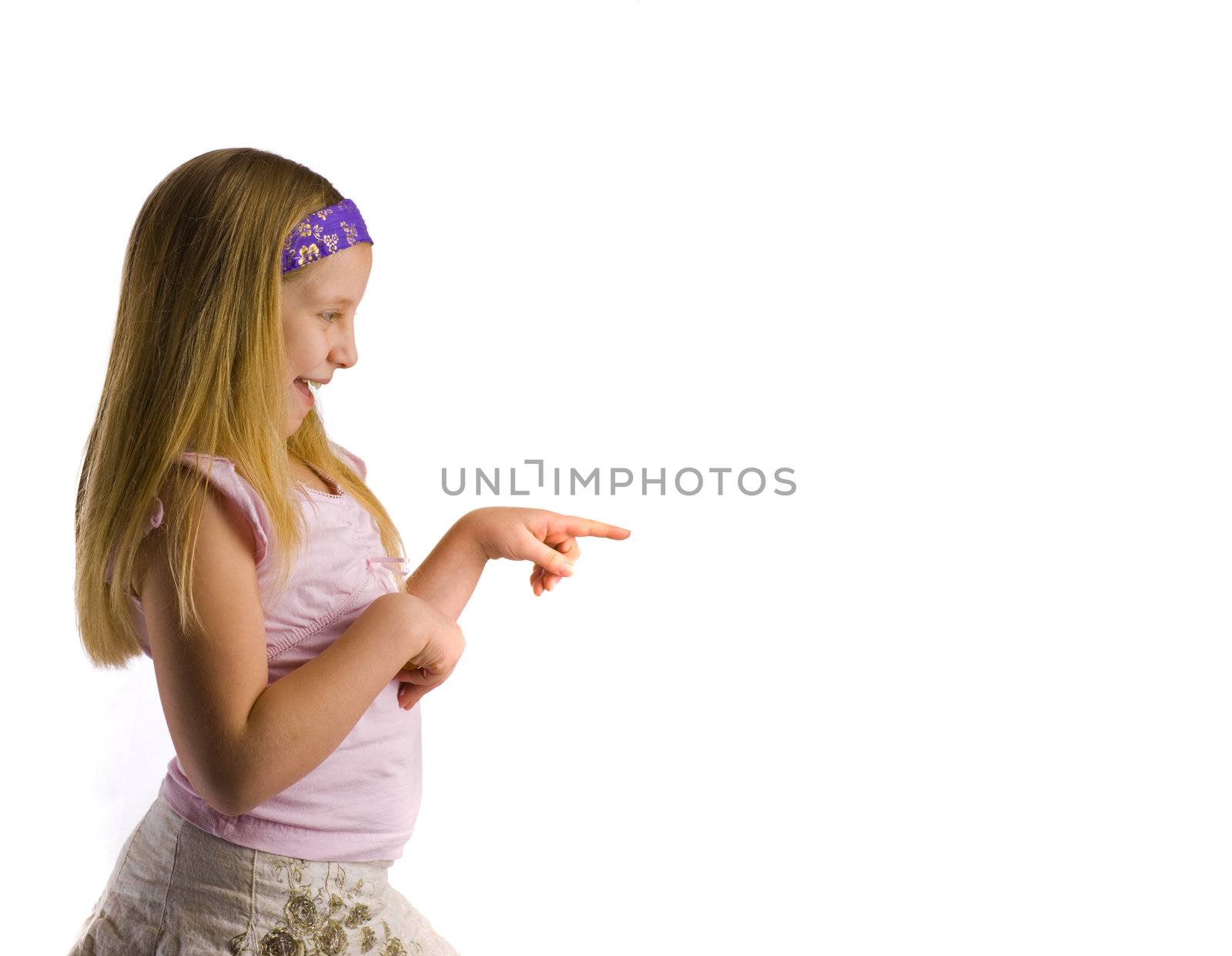 Girl pointing to white copy space