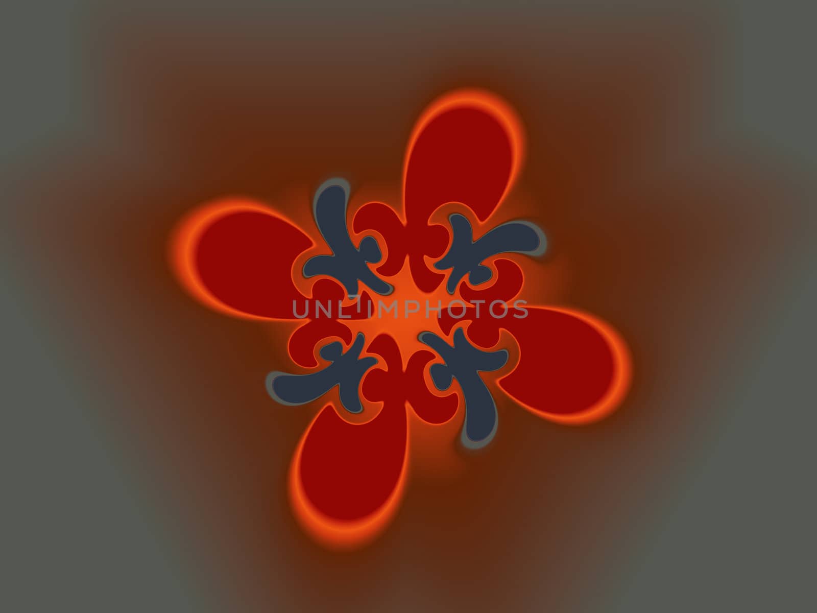 An abstract illustration with a central design of four divisions done in oranges and grays.
