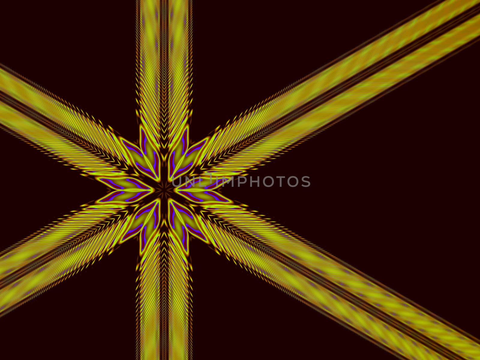 An abstract design with six patterned stripes converging in a stylized central flower.