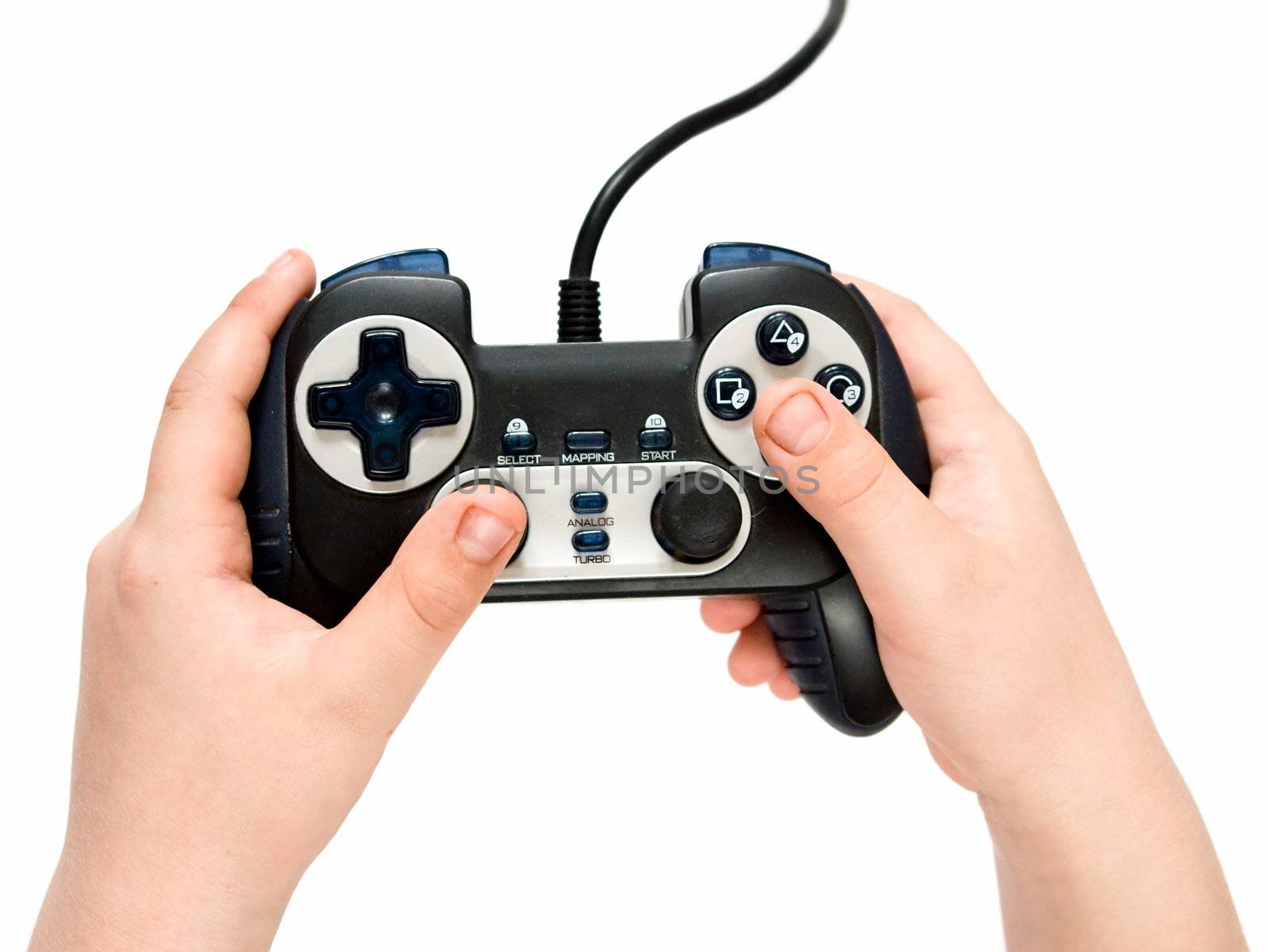 The gamepad in hands on a white background