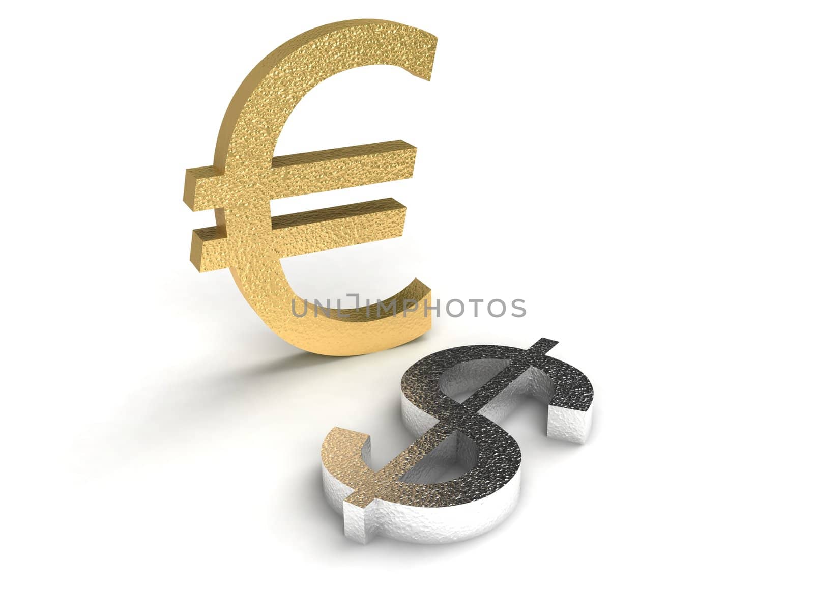Gold euro and silver dollar on a white background