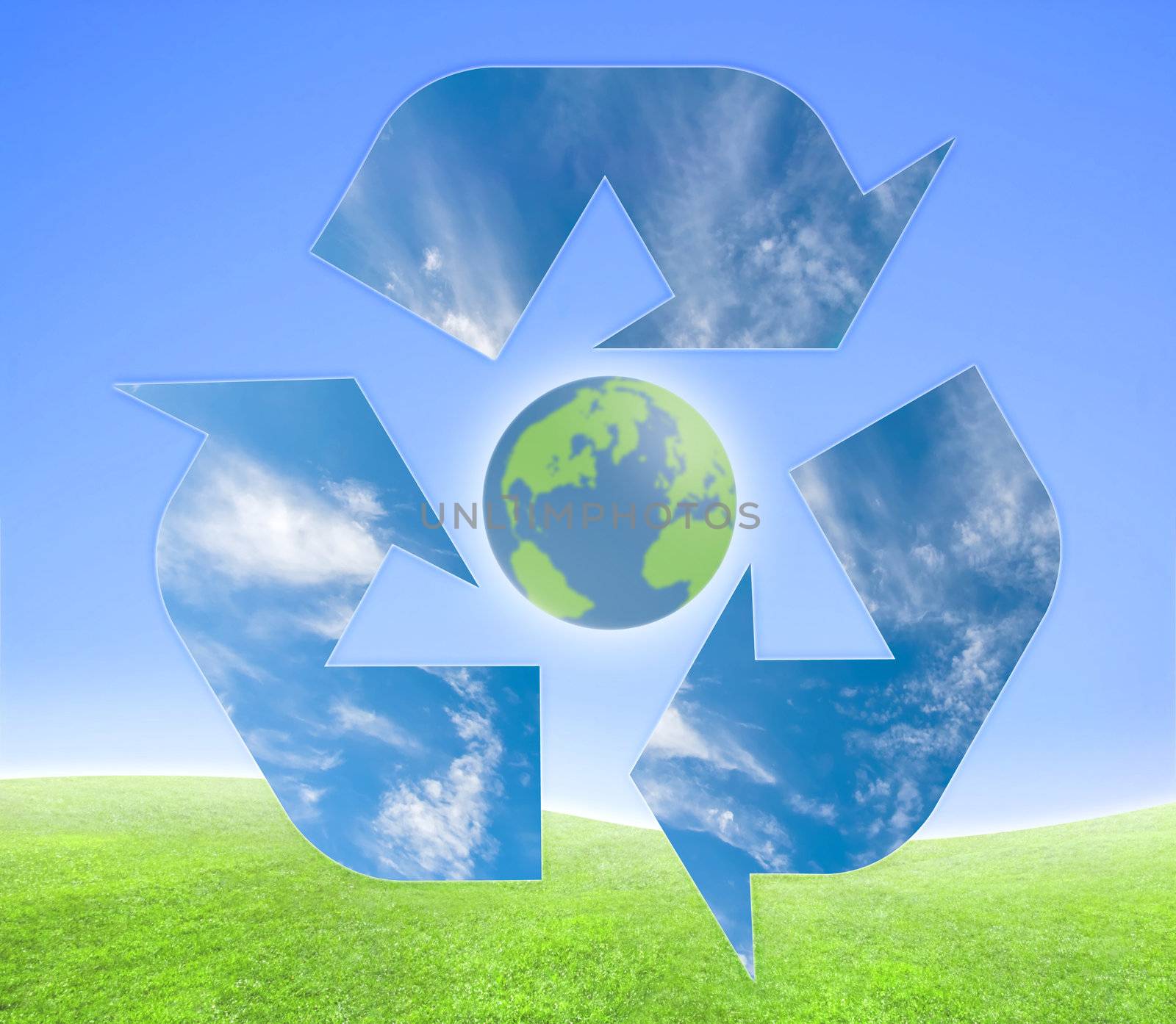 Concept for ecological purposes. Recycling symbol over a green and blue background.
