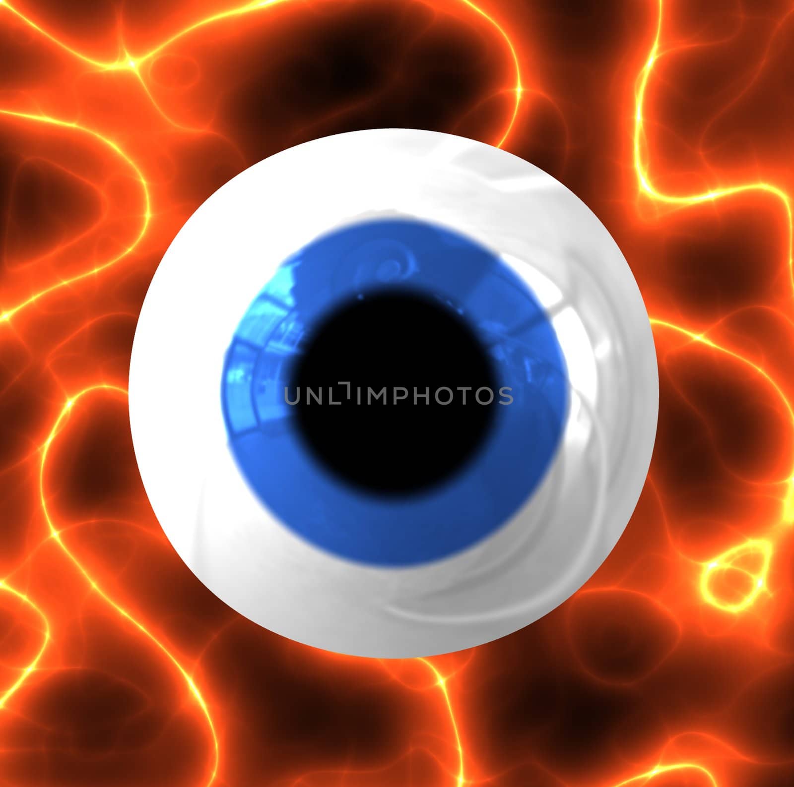 A 3d blue eyeball over a fiery, electric background.