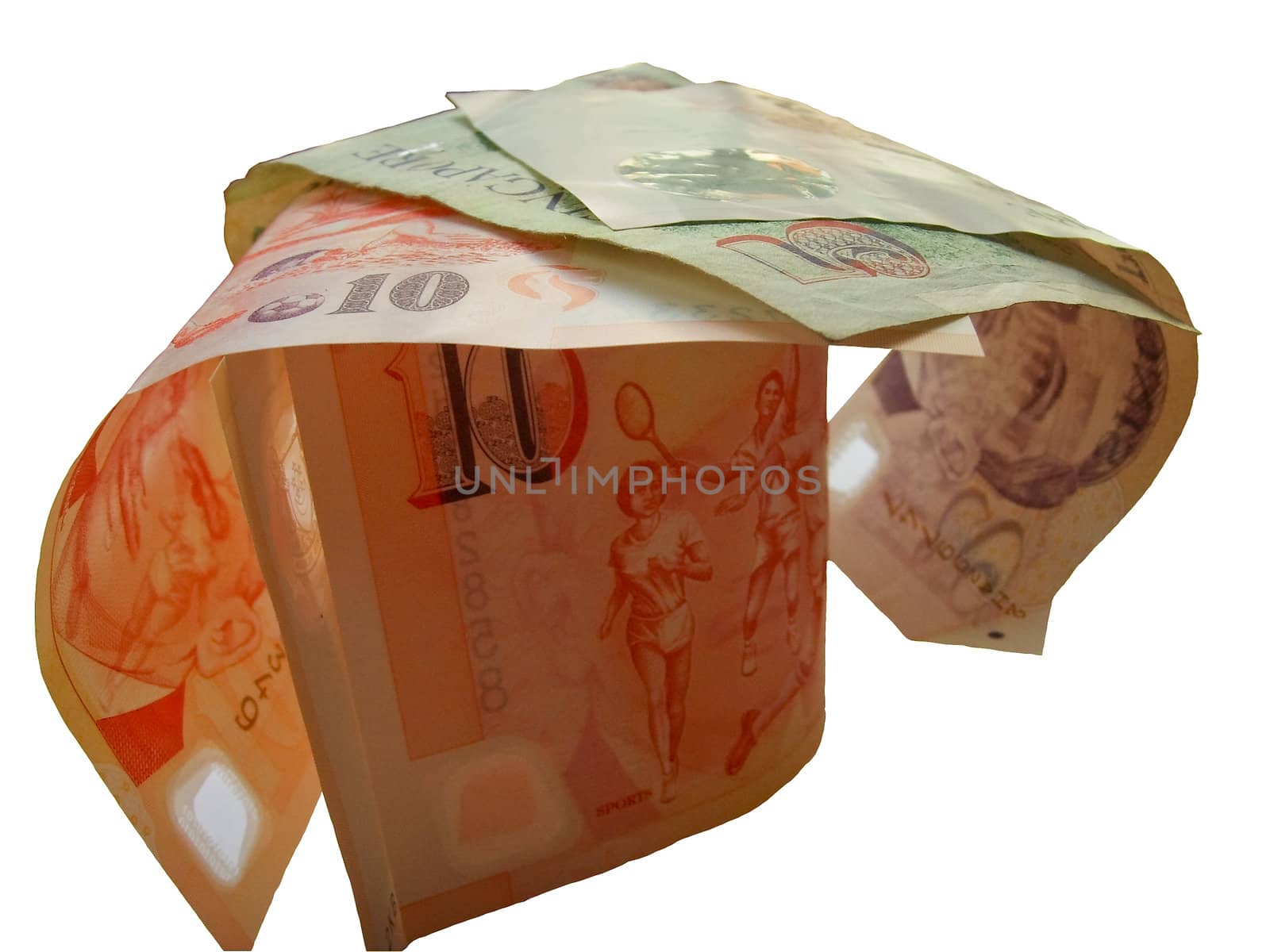 Singapore dollars stacked on each other with a white background