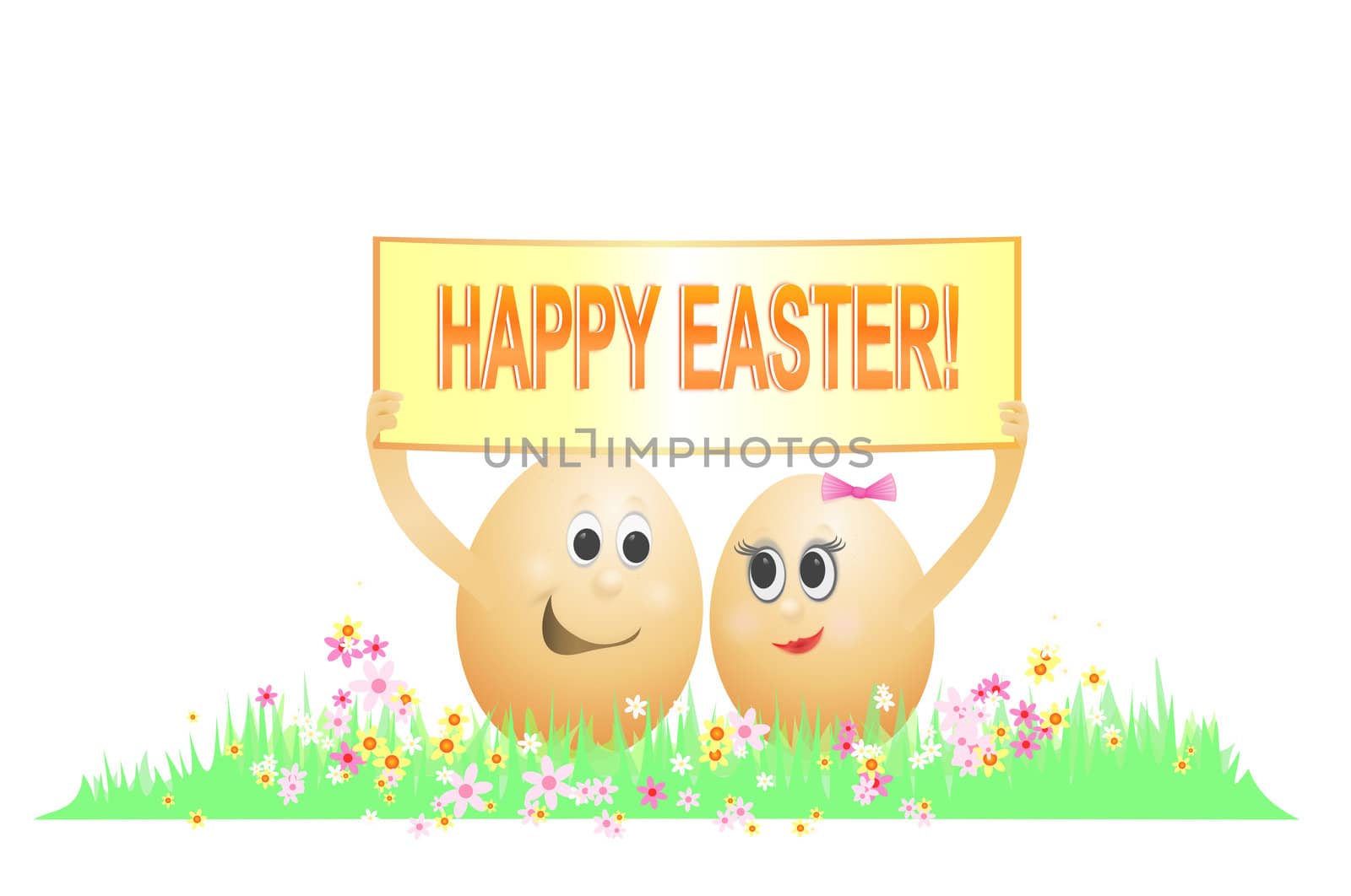 Illustration depicting two light brown eggs with faces holding a 'Happy Easter' sign arranged in a horizontal floral setting with white background.
