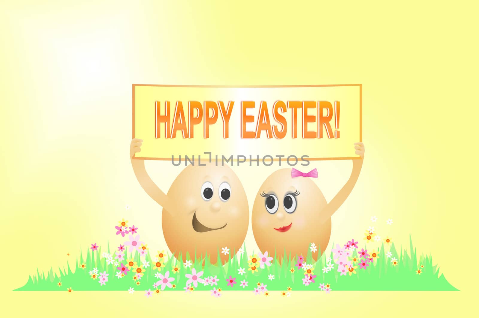 Illustration depicting two light brown eggs with faces holding a 'Happy Easter' sign arranged in a horizontal floral setting with yellow background.